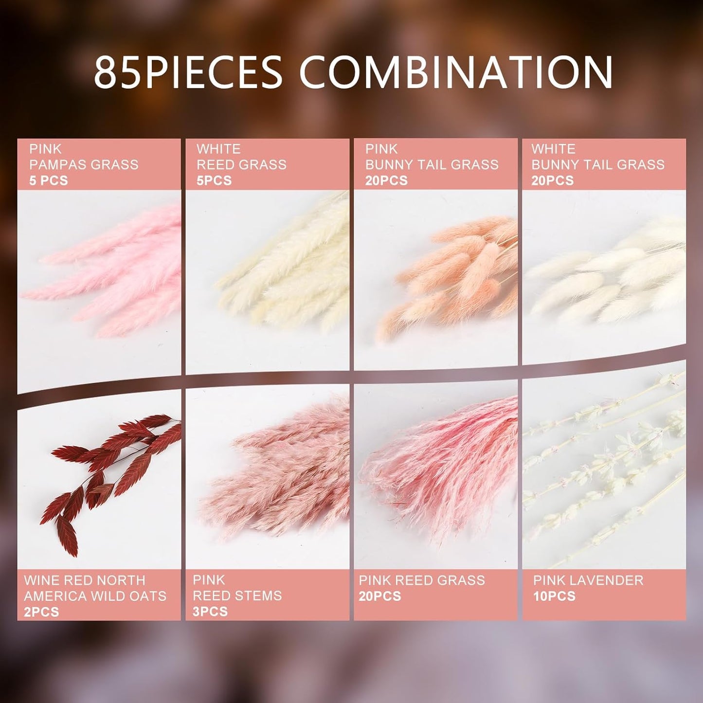 N&T NETING 85Pcs Pink Pampas Grass Decor, Natural Dried Floral Pampas Grass, Boho Home Decor, Fluffy Dried Pompas Grass for Home Wedding Boho Beach Theme Bedroom Decor