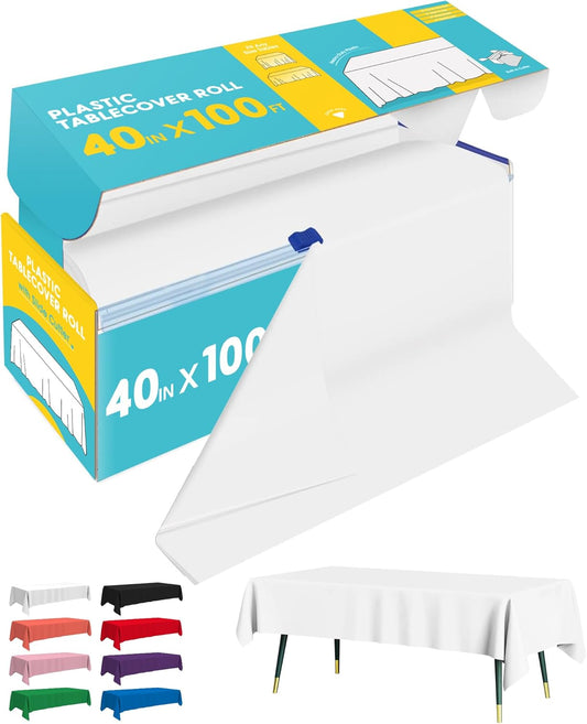 White Plastic Table Cover Roll - 40IN x 100FT, Table Cloth for Rectangle Table with Slide Cutter, Plastic Table Cloth Disposable with Cut-to-Size Design for Weddings, Banquets, Parties