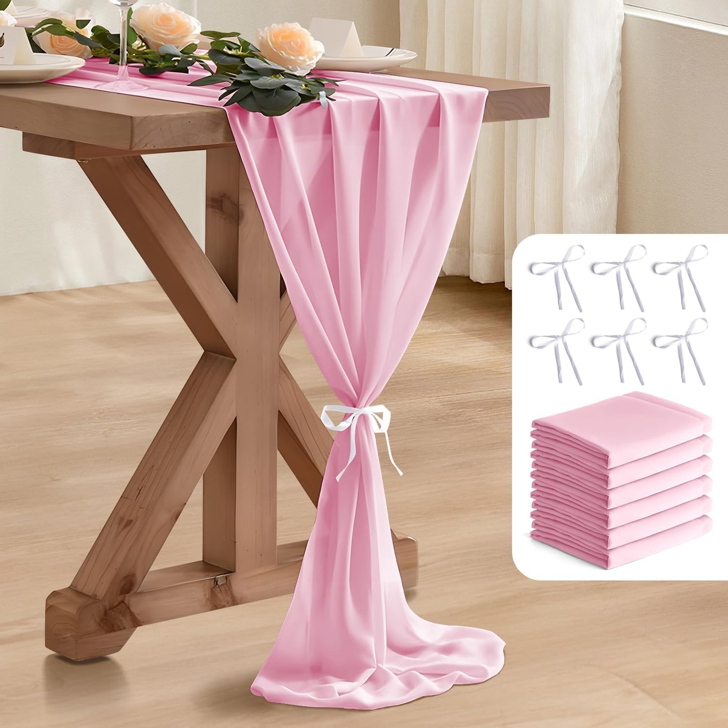 6 Pack 10 Ft Chiffon Table Runner Light Pink Gauze Long Table Runners 27x120 Inches Sheer Tulle Table Runner for Rustic Wedding Reception Bridal Shower Decorations Birthday Party