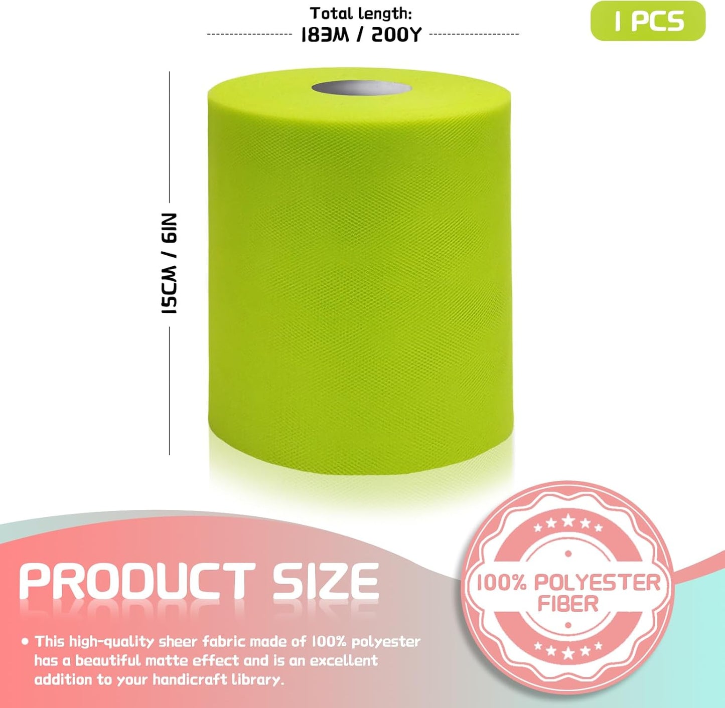 6" x 200 Yards Lime Green Tulle Fabric Rolls, Green Spool Tulle Ribbon for DIY Tutu Skirt Wedding Decoration Baby Shower Birthday Party Backdrop Gift Wrapping Bow Craft Supplies