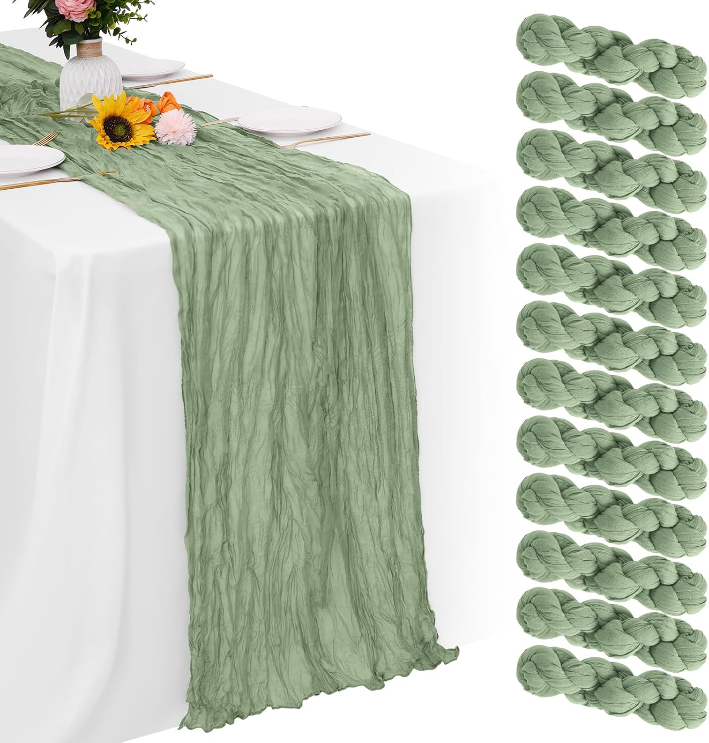 Aktor 12 Pack Sage Green Table Runner Boho Cheesecloth Table Runner Semi Sheer Gauze Fabric Runners for Wedding Birthday Baby Shower Party Boho Table Decoration（Sage Green）