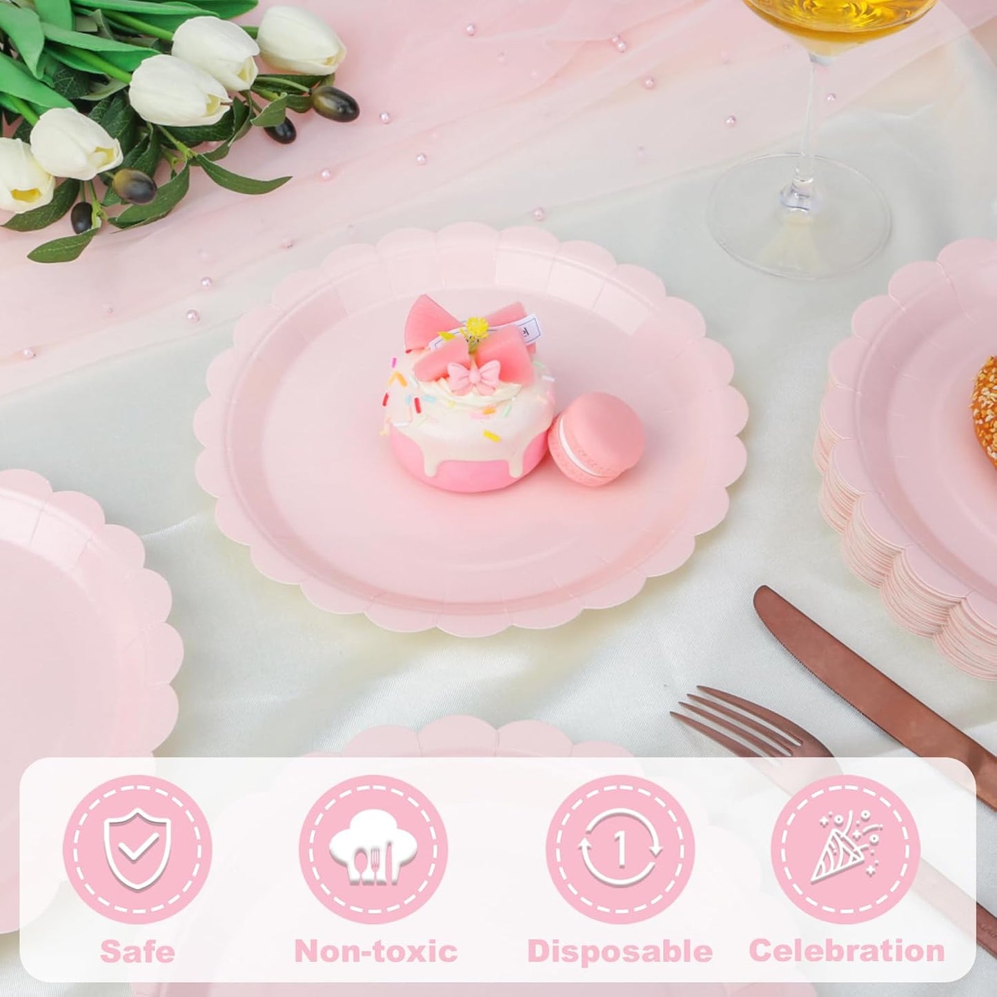 24 Pcs Pink Paper Plates 9 Inch Scalloped Dessert Plates - Disposable Pink Cake Plate - Baby Shower Birthday Party Wedding Bridal Party Supplies