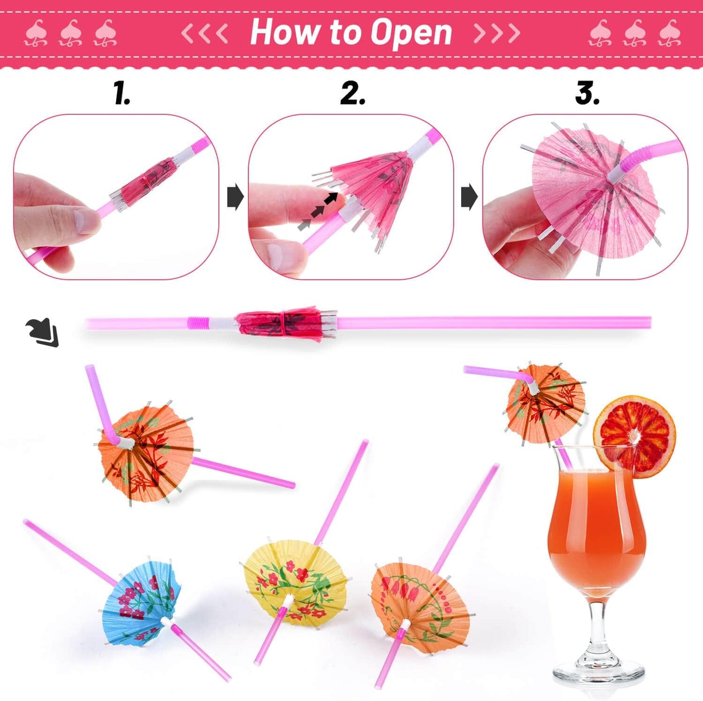 Paxcoo 50pc Umbrella Straws for Cocktails, Tropical Hawaiian Luau Party Decorations (Assorted Colors)