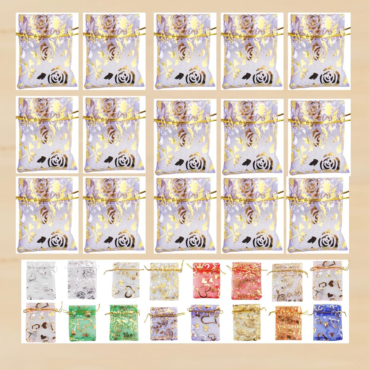 QIANHAILIZZ 100 Pack 2.8 x 3.5 Inch Flower Heart Organza Jewelry Gift Pouch Candy Pouch Drawstring Wedding Favor Bags B511S (lilac gold flower)