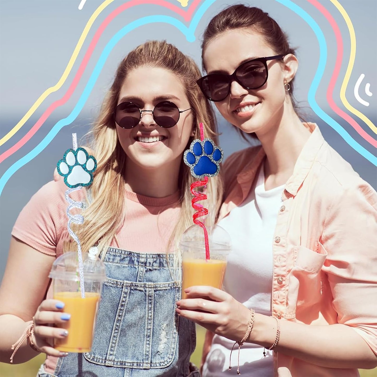 24 Glitter Paw Glitter Straws Birthday Party Decorations With 2pc Cleaning Brush for Pet Dog Puppy Pals Cat Birthday Party Decorations Supply Favors Reusable Straws