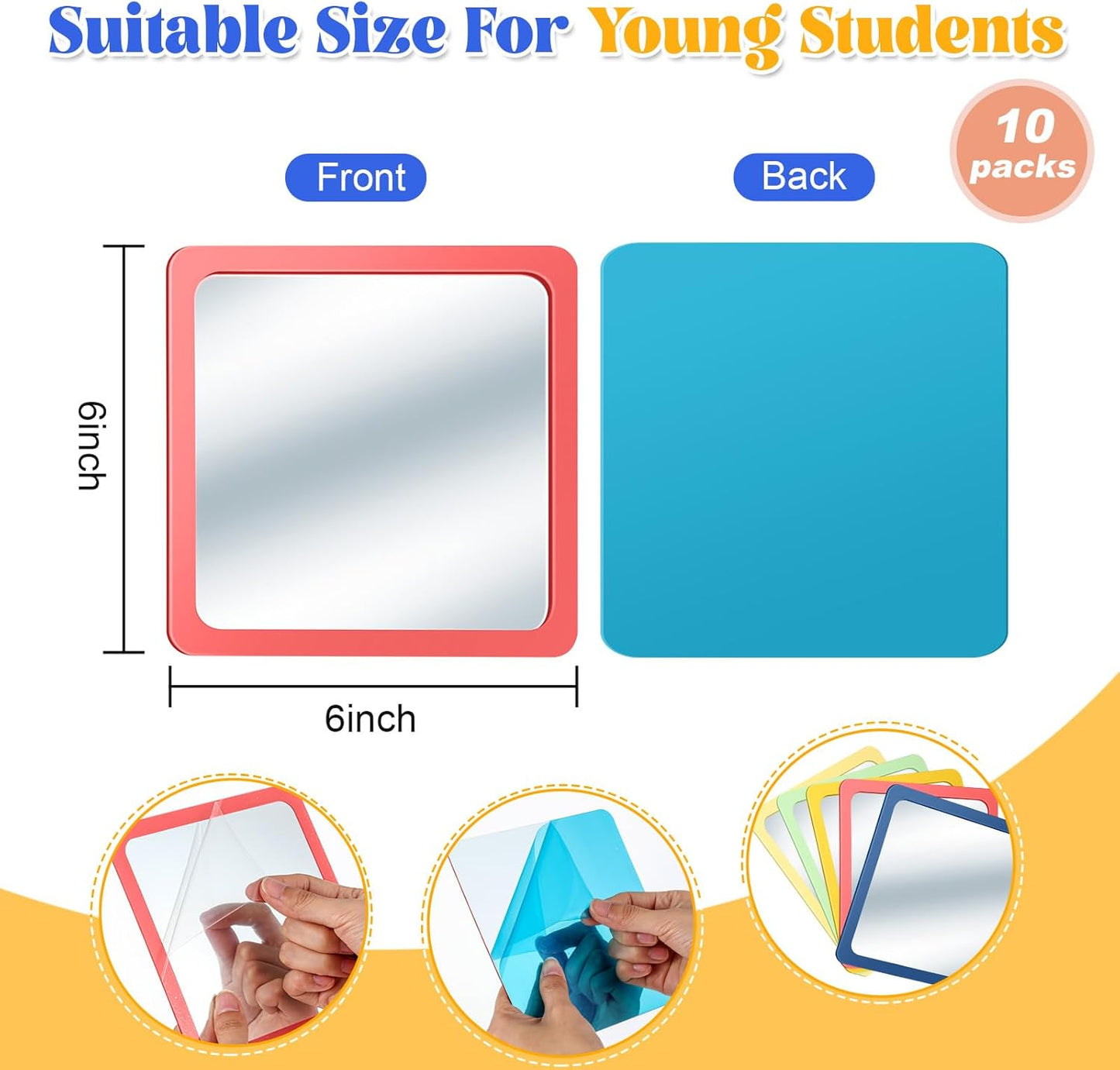 Dandat 10 Pcs Small Mirrors for Kids 6 x 6 Inch Square Shatter Proof Reflector Toddler Glass Plastic Reflector for Classroom DIY Craft Preschool Facial Expression (Hippie Colors)