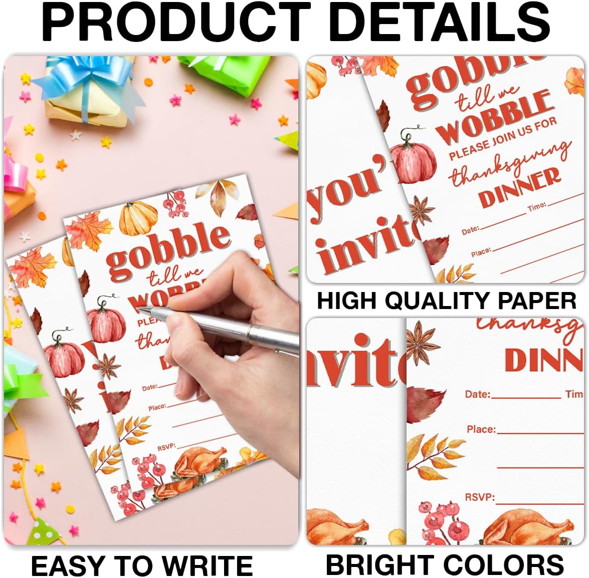 Thanksgiving Party Invitations Fall Pumpkins Turkey Friendsgiving Thanksgiving Dinner Party Fill in Invites Cards With Envelopes (20 Count), Double Sided Design