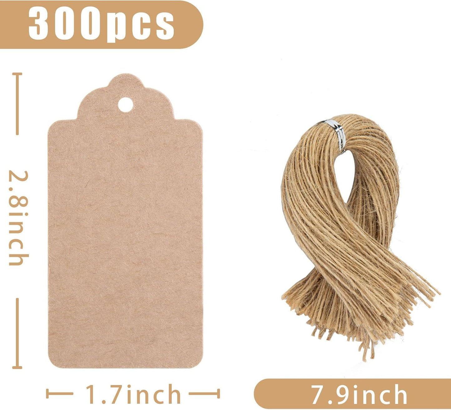 SallyFashion 300pcs Gift Tags with String Attached, 1.7 x 2.8 inch Kraft Paper Hang Tags for Clothes DIY Crafts Wedding Holiday (Brown)