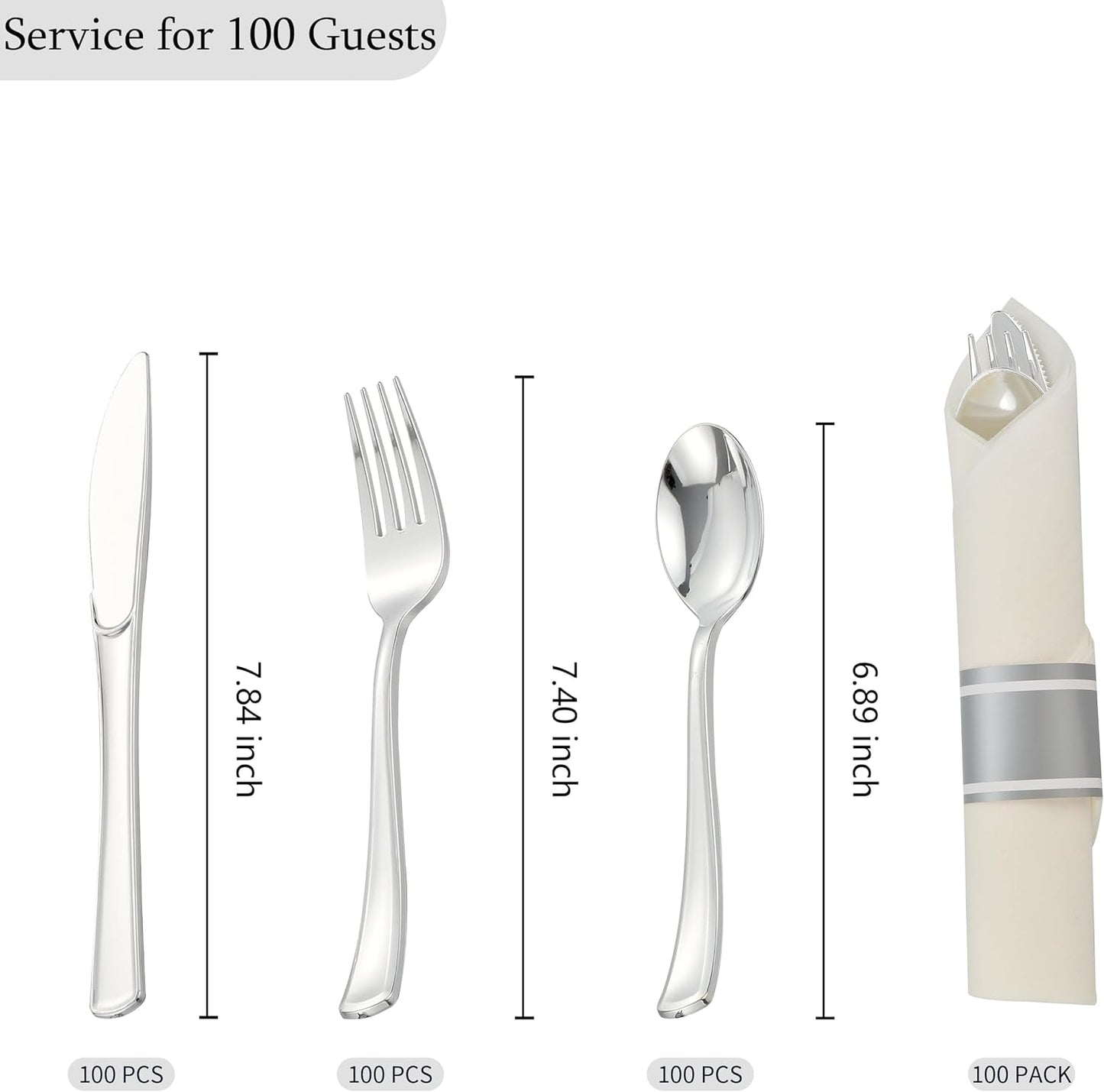 100 Pack Pre Rolled Silver Plastic Silverware Set with Napkins,Disposable Wrapped Heavy Duty Cutlery Set for Wedding Birthday Party-100 Forks,Knives,Spoon,Utensils Set,Plasticware Bulk