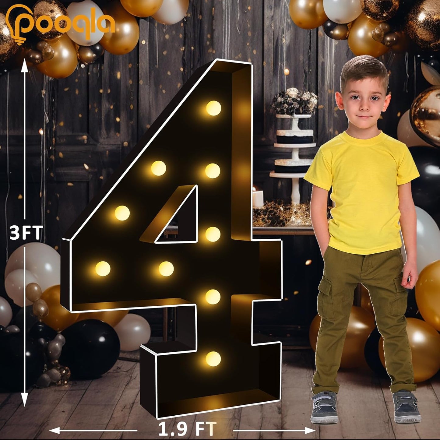 Pooqla 3FT Marquee Light Up Numbers, Black Lighted Party Decor for her him Women Men, Giant Mosaic Light Up Numbers for 4th 14th 40th Birthday Anniversary Decoration, Number 4