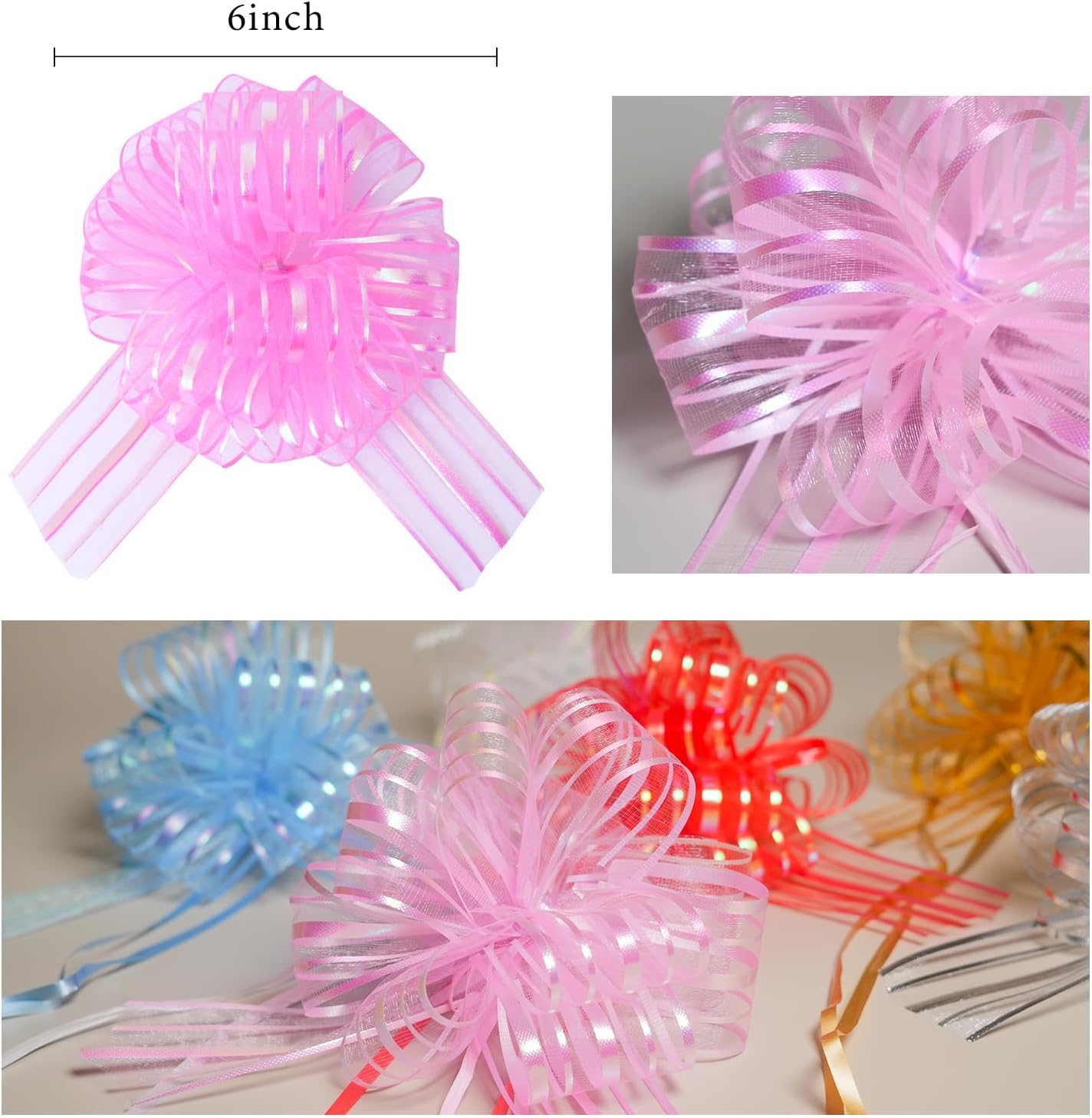 12 Pcs 6 Inch Large Organza Pull Bow Ribbon – Elegant Gift Bows for Wedding Decorations, Christmas Wrapping, Birthday Parties, Car Decor, Gift Baskets, and Valentine's Day Packaging(Pink)