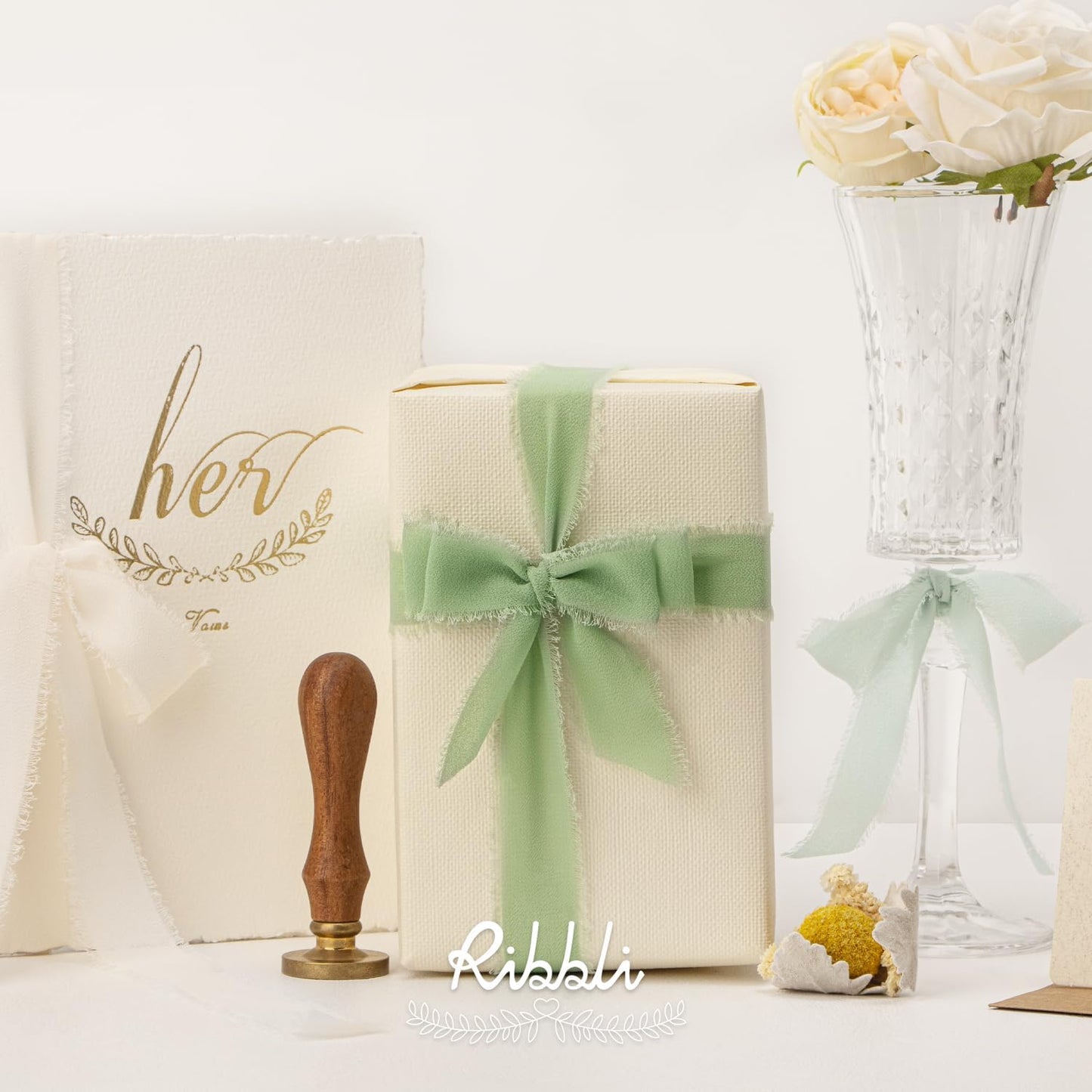 Ribbli Green Ribbon 1 Inch x 3 Rolls Total 24 Yards Ivory/Sage/Forest Green Handmade Fringe Chiffon Silk Ribbon for Wrapping Wedding Invitations Bridal Bouquets DIY Crafts Home Decor