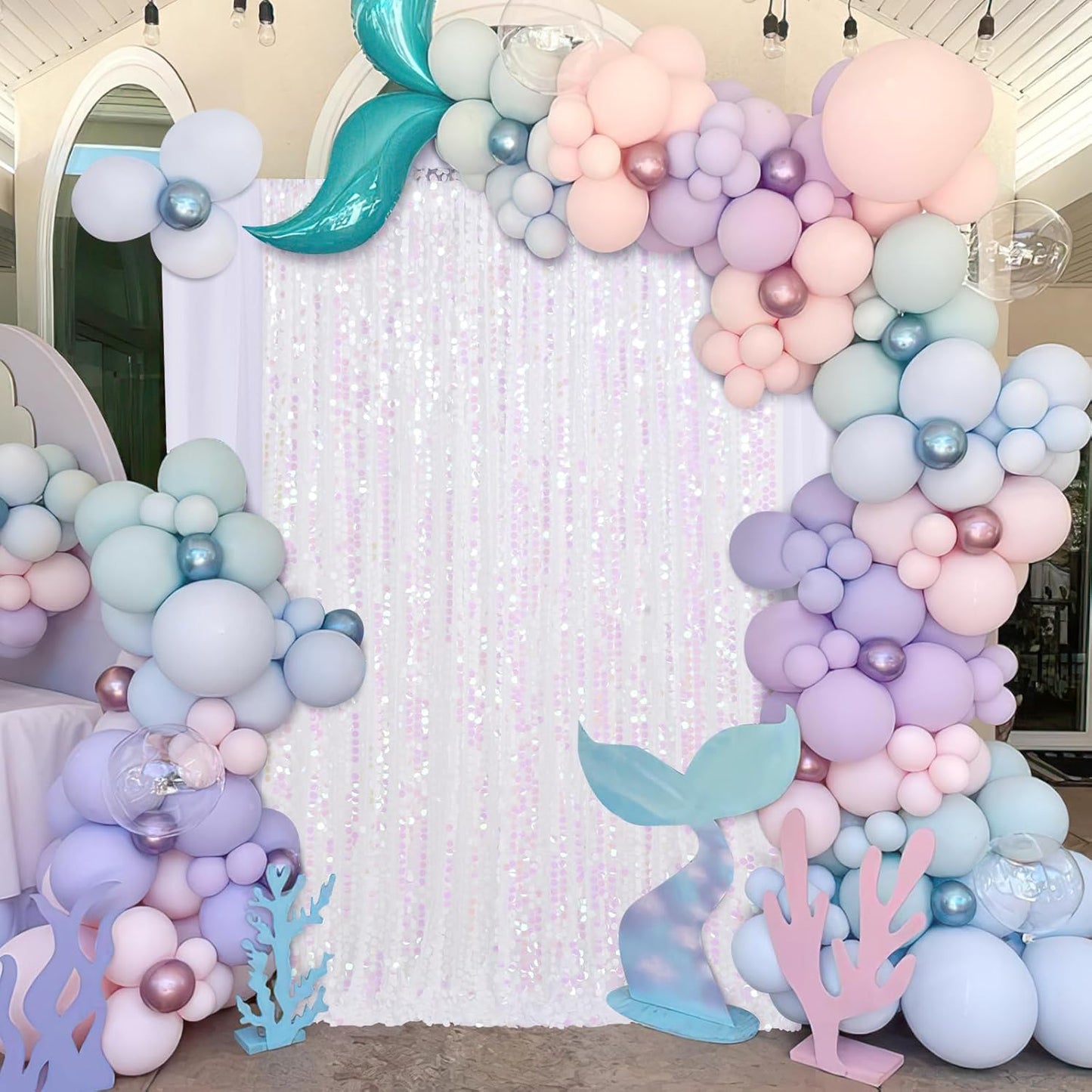 Large Payette Sequin Backdrop 2 Panels 4ftx8ft Iridescent White Glitter Fabric Curtains Mermaid Themed Party Backdrop Backgrounds