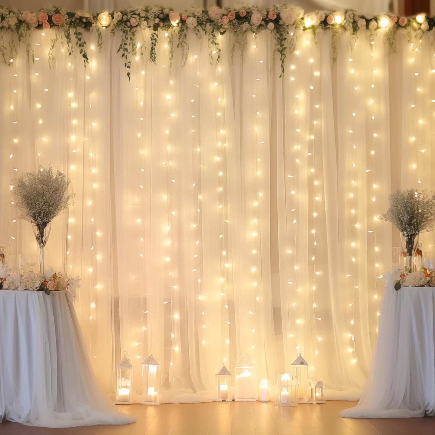10ft x 10ft Beige Chiffon Backdrop Curtain with Lights String for Parites Wedding Wrinkle Free Curtain Photo Backdrops Drapes for Baby Shower Birthday Party Home Decorations