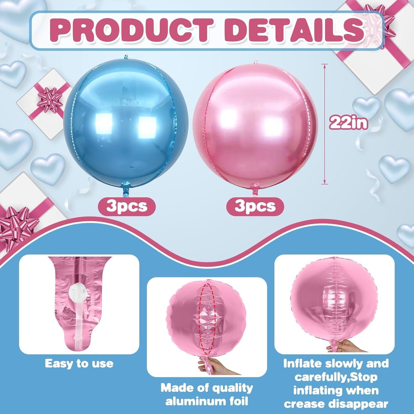 6Pcs blue Pink Round Foil Balloons,Giant 4D Round Ball Balloon,22 Inch Metallic blue Pink Balloons for Birthday Wedding Baby Shower Party Decorations