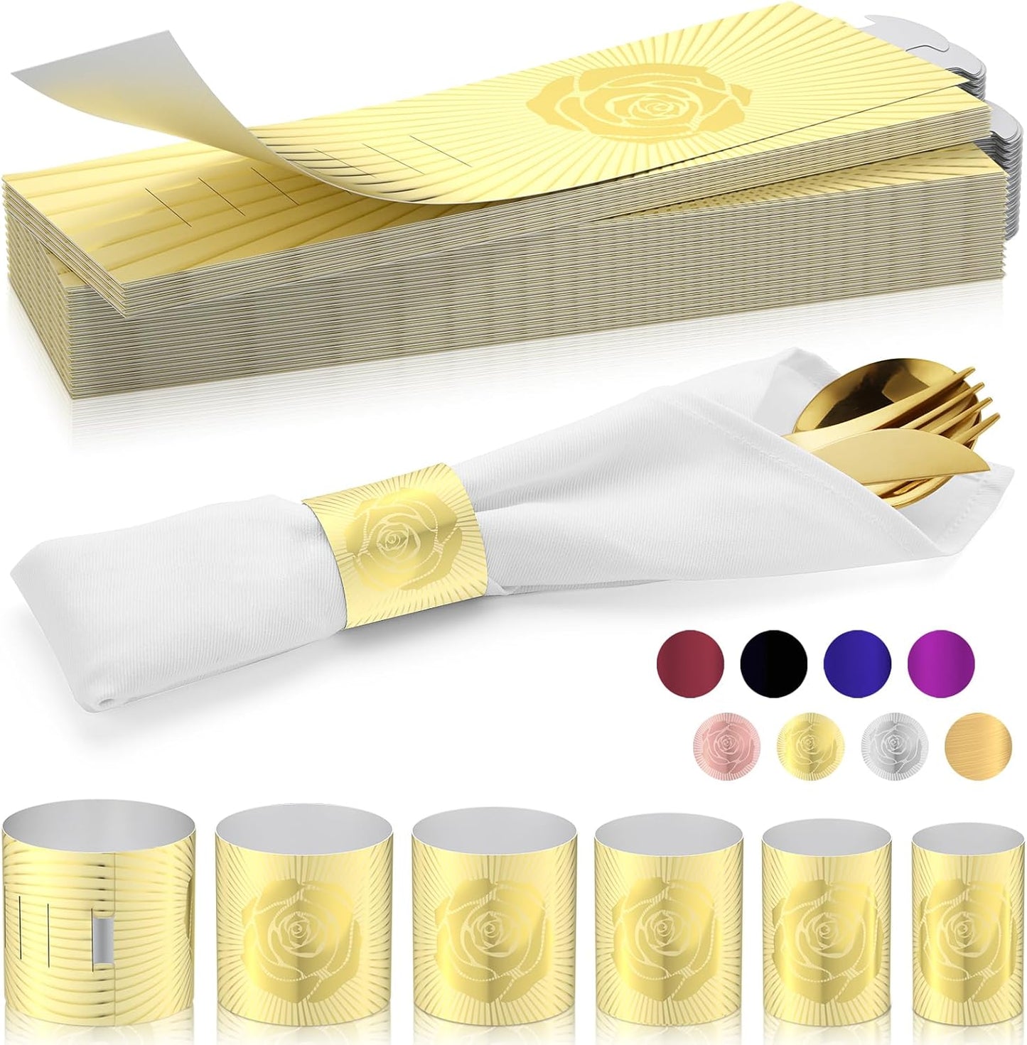 Polymer Material Reusable Napkin Band, Glue-Free Tear-Proof Water Resistant Oil-Proof Napkin Bands Set of 200(Front Gold Color and Back Silver), 6 Adjustable Sizes Napkin Rings