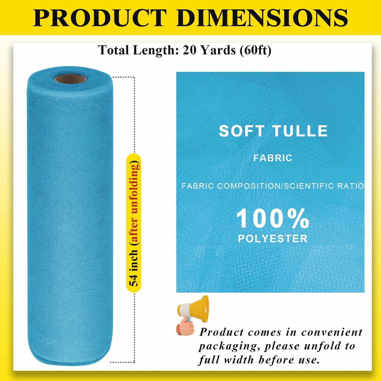 54" by 20 Yards Tulle Fabric Rolls Turquoise Tulle Ribbon Tutu Spool Bolt for DIY Wedding Decoration Baby Shower Tutu Skirt Gift Wrapping Large Matte Tulle, Roll Packaging (Turquoise)