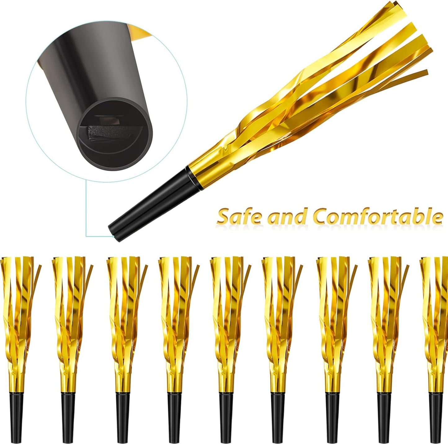 200 Pcs Party Blowers Noise Makers Party Horns Blowout Clappers Noisemakers for Halloween Christmas Birthday Sporting Party New Year's Eve Party Supplies 2025(Black Gold)