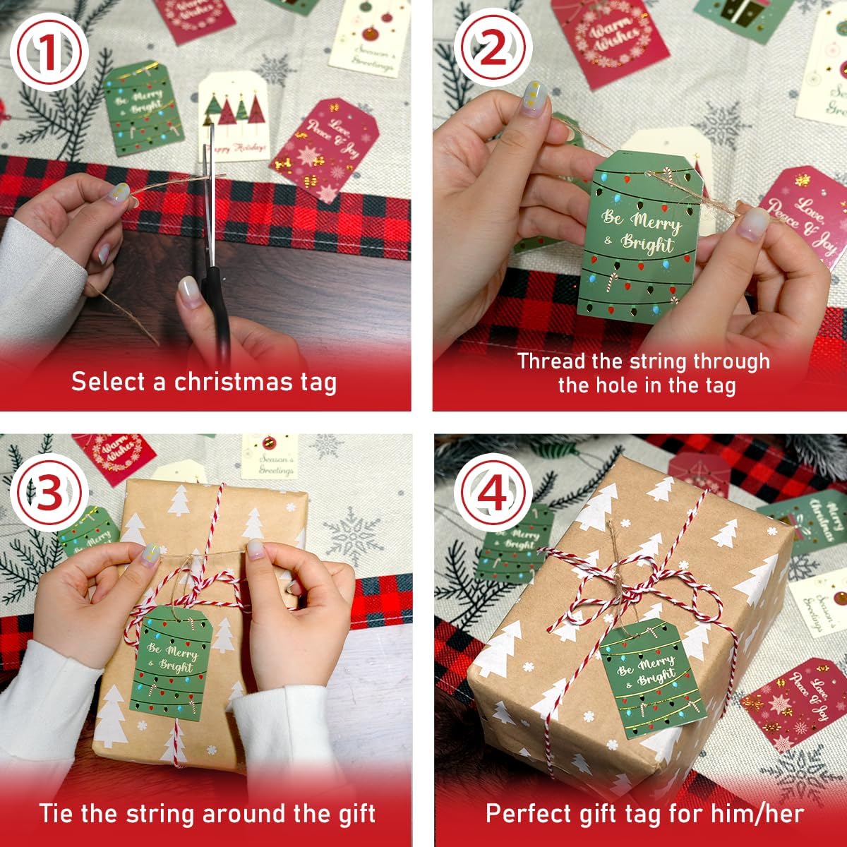 Christmas Gift Tags with String, 48 Pcs Christmas Hanging Tags Label Gold Foil Xmas Present Tag for DIY Xmas Holiday Present Wrapping Decorations, 6 Styles