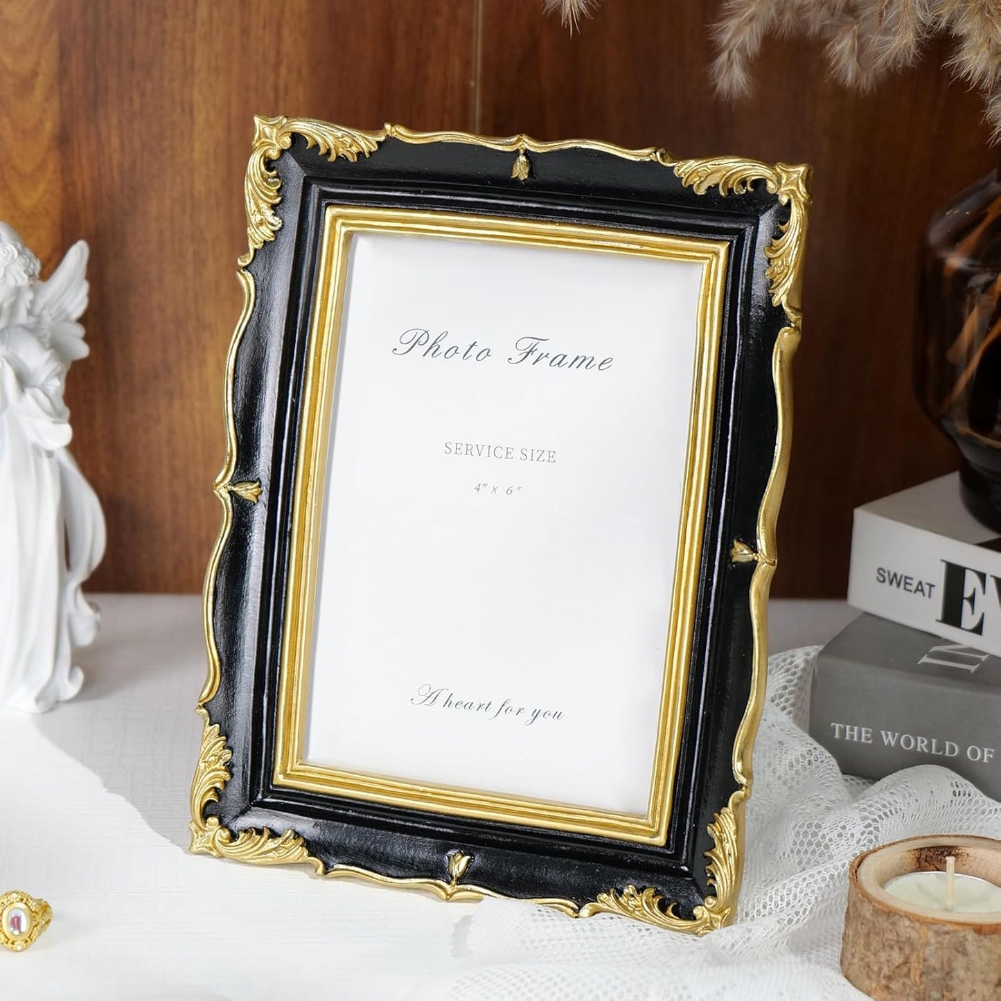 Cuspin 4x6 Picture Frame Black and Gold Vintage Frame, Ornate Textured Hand-Crafted Resin Photo Frame with Glass Front, 4x6 Black Antique Decorative Frames for Wall & Tabletop Home Decor