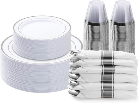 BESTVIP 175PCS Silver Plastic Dinnerware Set, Disposable Party Plates for 25 Guests, Include: 50 Plastic Plates, 25 Pre Rolled Napkins with Silver Silverware, 25 Cups for Christmas, Halloween