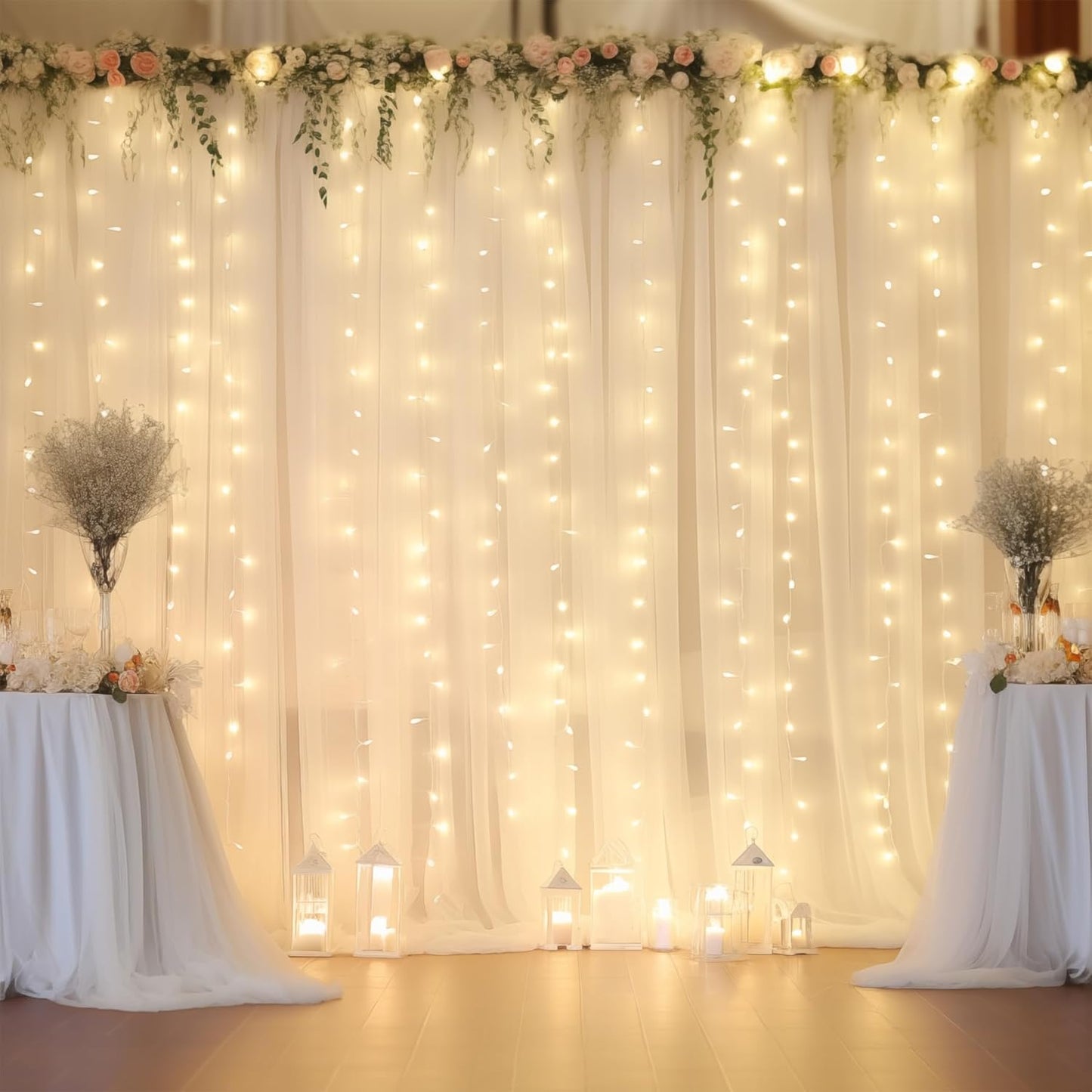 10ft x 10ft Cream White Chiffon Backdrop Curtain with Lights String for Parites Wedding Wrinkle Free Curtain Photo Backdrops Drapes for Baby Shower Birthday Party Home Decorations