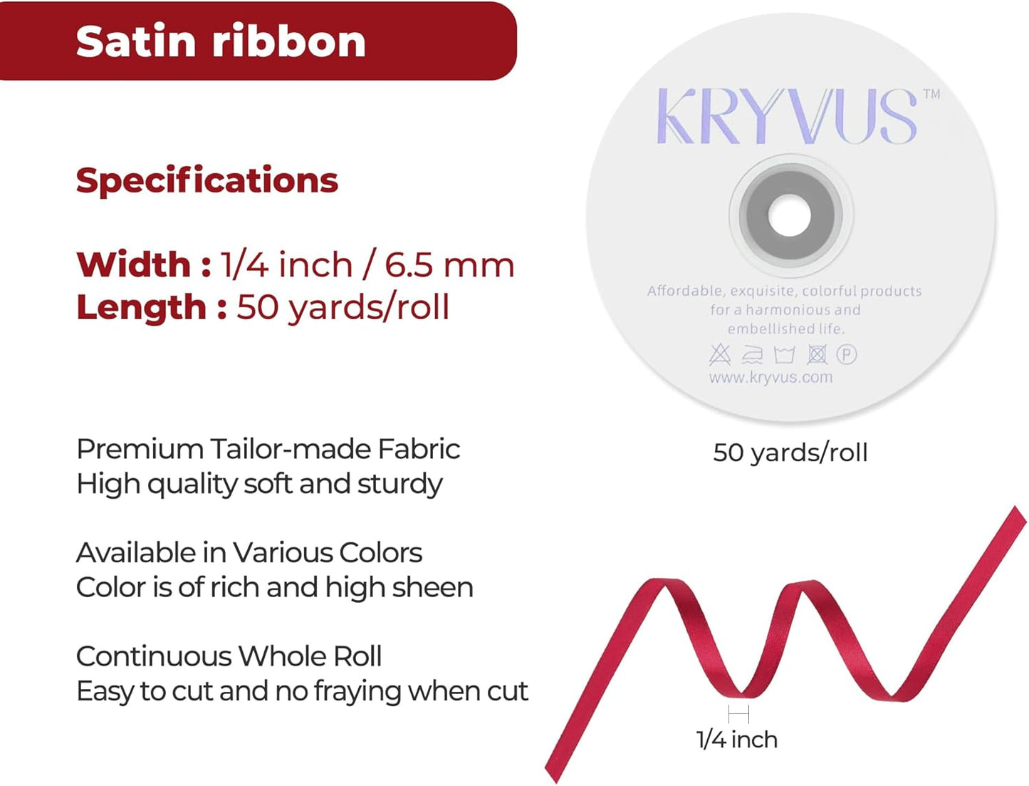 Scarlet Red Satin Ribbon 1/4 inch X Continuous 50 Yards, Single Face Polyester Ribbon Perfect for Gift Wrapping, Flower Bouquet, Wedding Decor, Crafts, Bow Making, Sewing and More