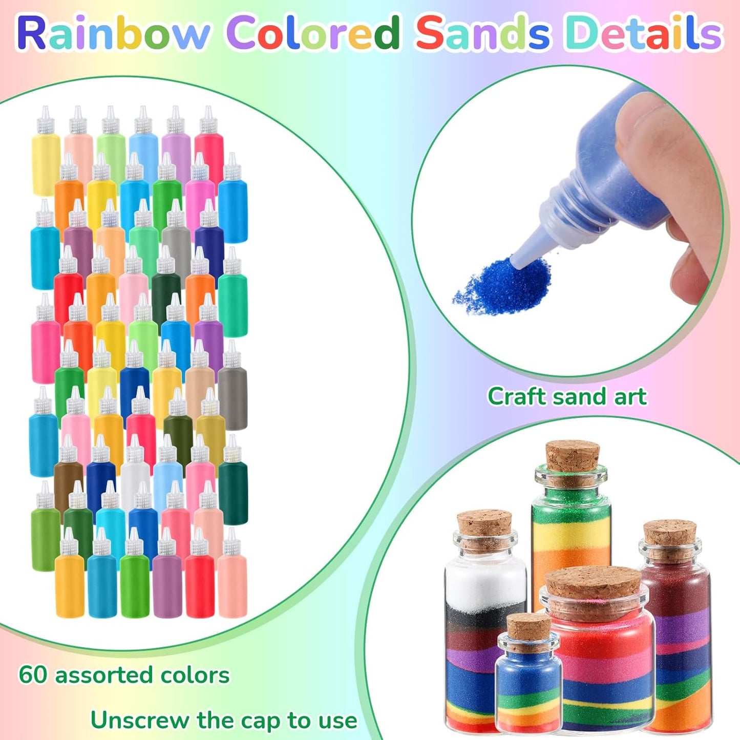 Wettarn 120 Pcs 1.25 oz Sand Art Bottle Kits 60 Colors of Sand and Bottle for Rangoli Art Painting DIY Drawing Favor Diwali Wedding Decoration Vase Glass Crafty Collection (Bright Colors)