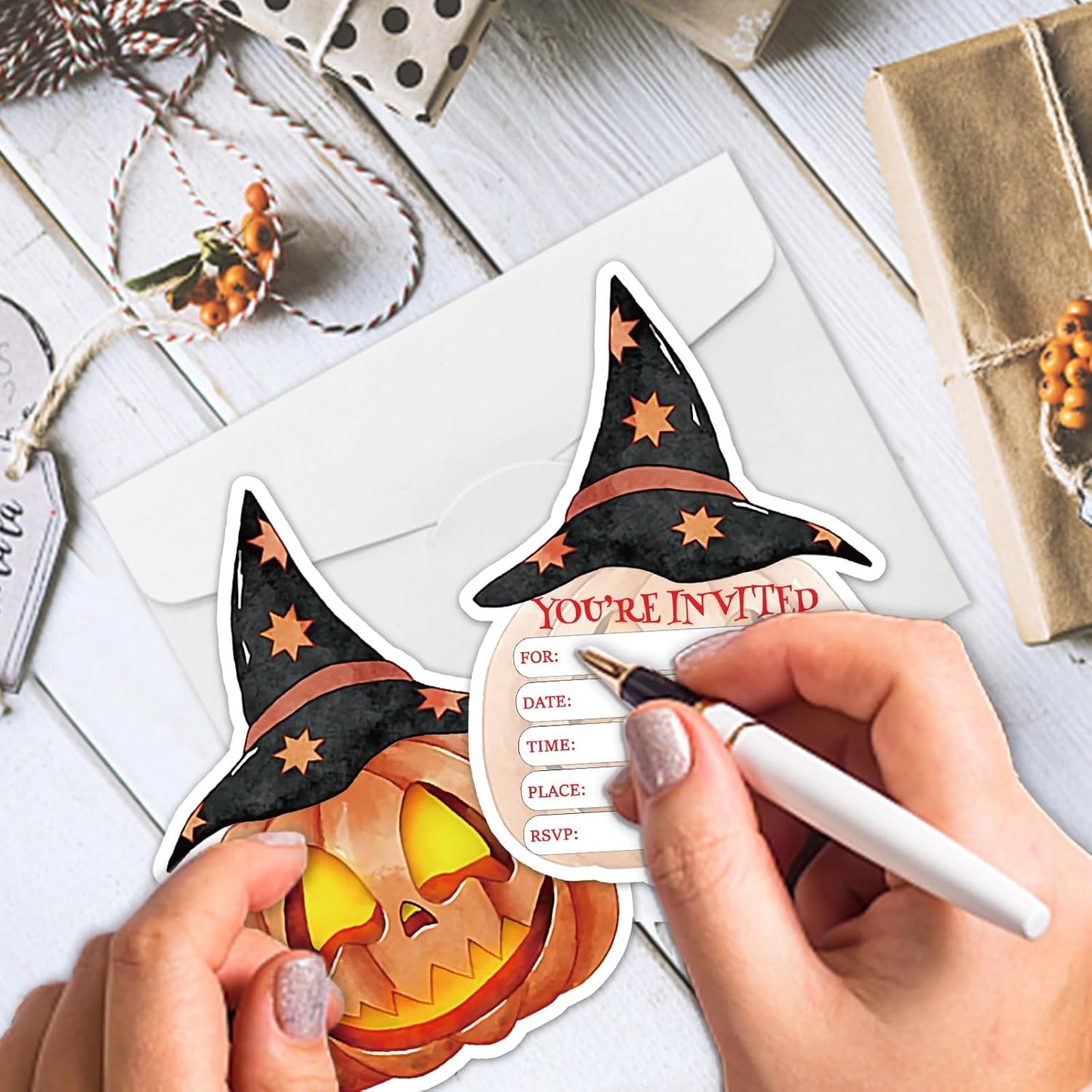 REWIDPARTY 15 Sets Halloween Invitations with Envelopes Stickers, Pumpkin Shaped Fill-in Invitation Cards, Birthday Baby Shower Party Invites, Funny Halloween Thanksgiving Party Supplies Decoration