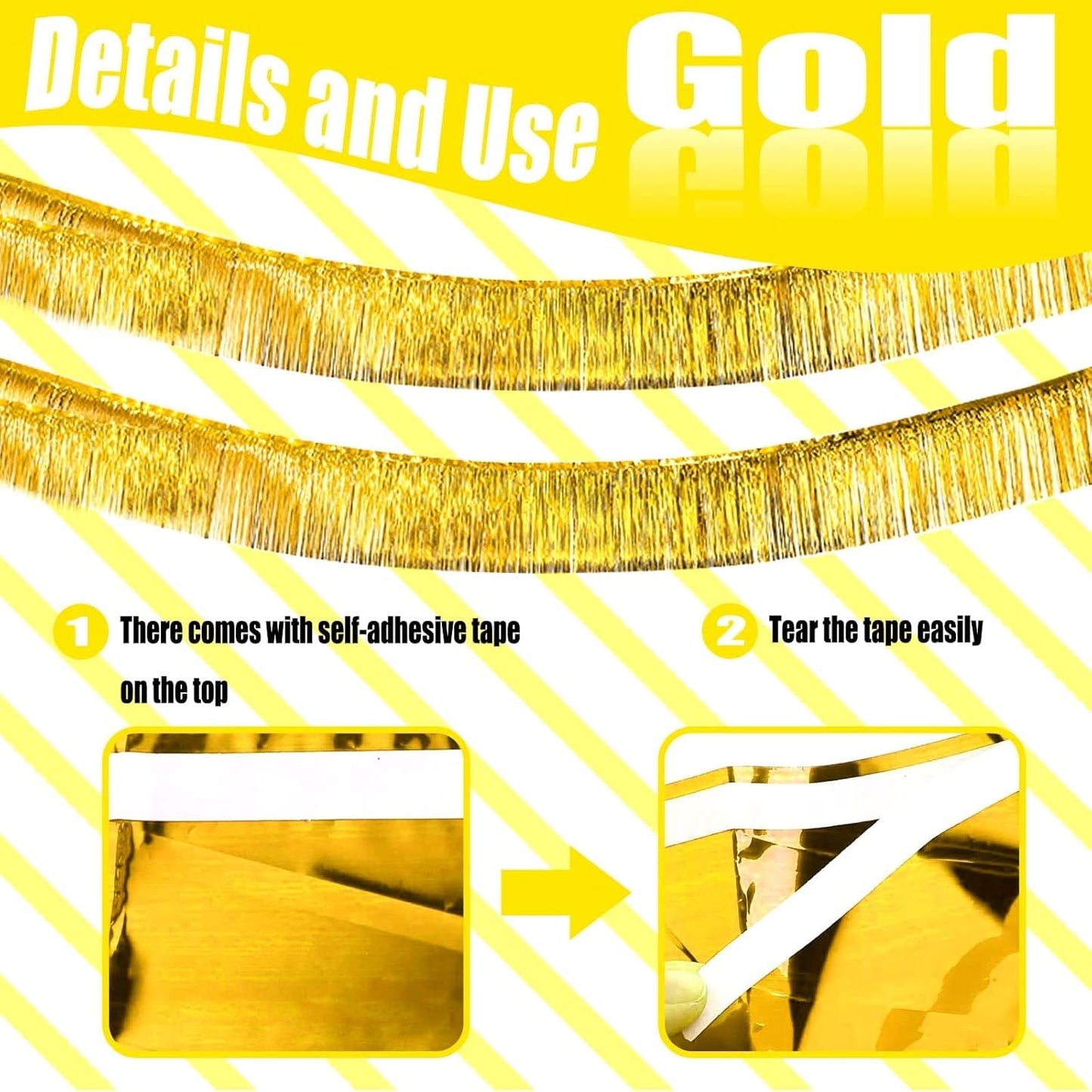6 Pack 10 Feet Foil Fringe Garland Metallic Tinsel Streamers Banner Wall Hanging Curtain Backdrop Banner for Parade Floats, Thanksgiving, Christmas, Birthday, Halloween Party Decorations(Gold)