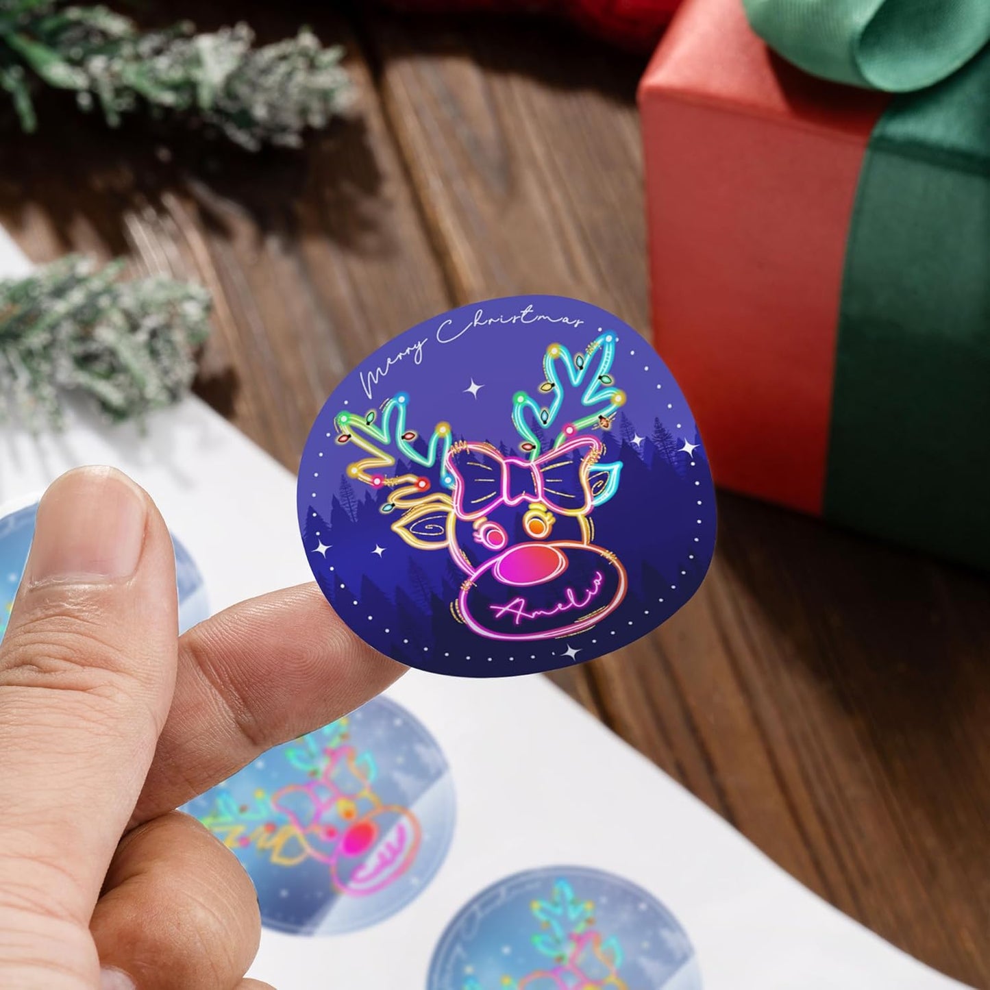 CALLIE Personalized Christmas Stickers with Custom Name, Waterproof Custom Christmas Name Tags Stickers, Peel and Stick Christmas Gift Tags (Cute Christmas Neon Reindeer)