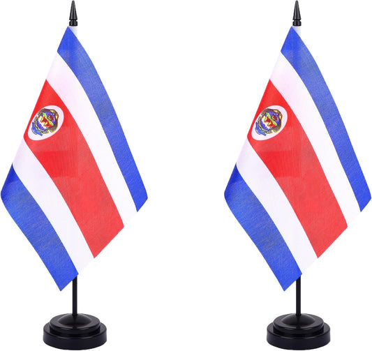 Costa Rica Desk Flag 12" Solid Pole Deluxe Set Costa Rican Flags Banner Mini Small Costa Rica Office Table Flags with Black Stand Base Desktop Decorations(2Pack)