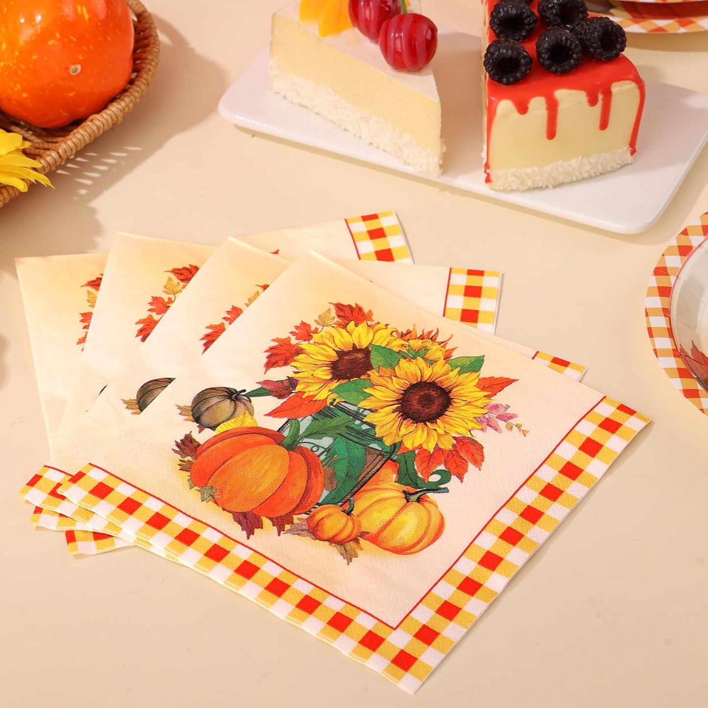 Sunflower Plates and Napkins Set for 50 Guests – Disposable Fall Party Supplies, Pumpkin Design for Sunflower Thanksgiving Party Decoration