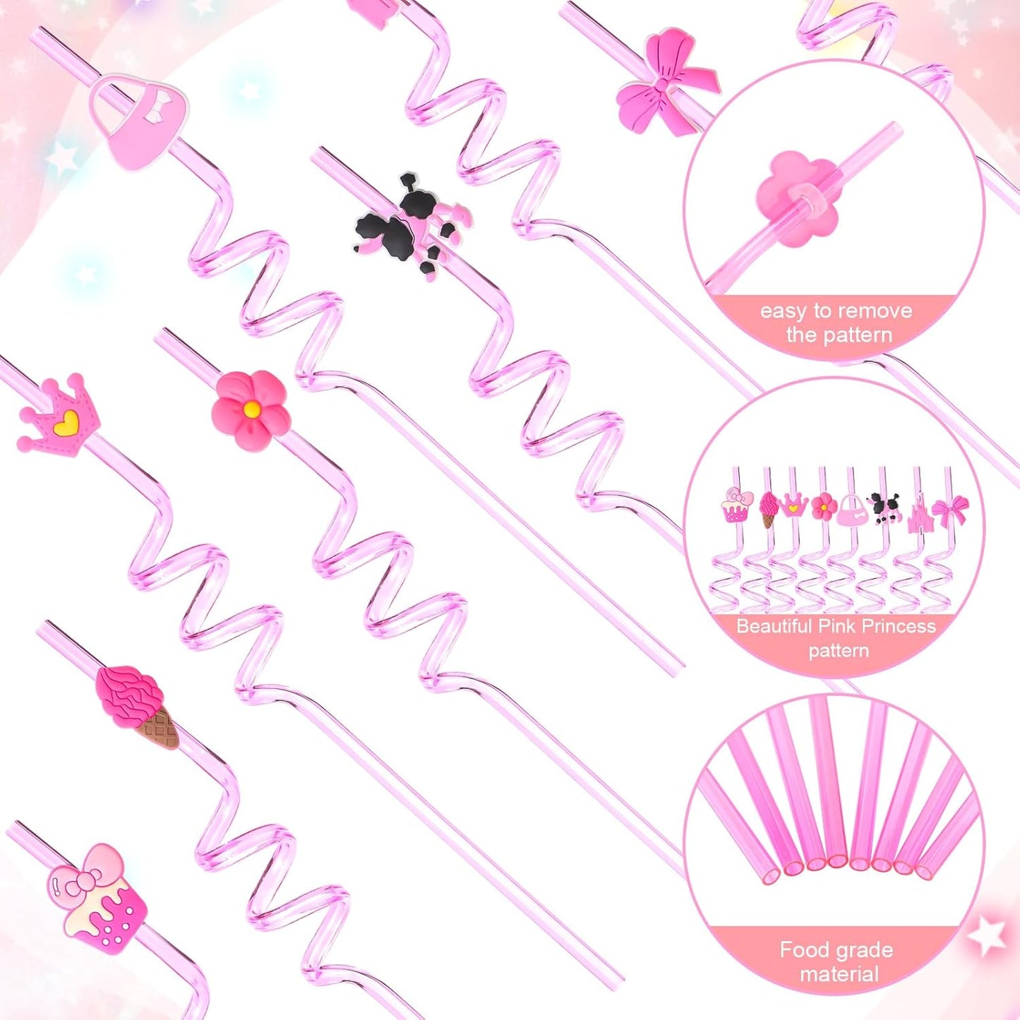 Yungyan 16 Sets Hot Pink Girl Party Favors Goodie Cups with Lids and Straws for Birthday Decorations Reusable 16oz Plastic Candy Cups Plastic Straws for Birthday Party (Pink Princess)