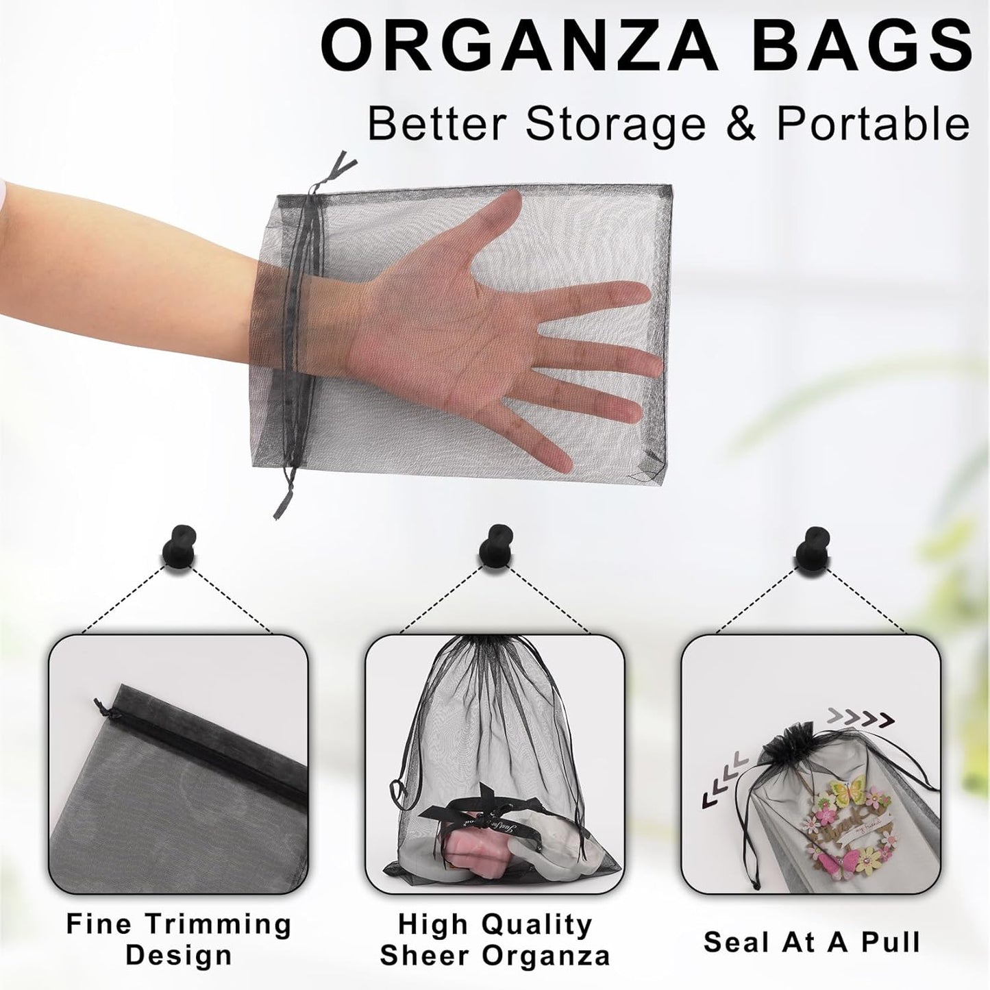 ANZNKU 50 Pack Organza Bags 6x9 inches, Gift Bag Mesh Drawstring Bags for Gifts Large Organza Bag Drawstring for Halloween Wedding Party Favor Christmas(Black)