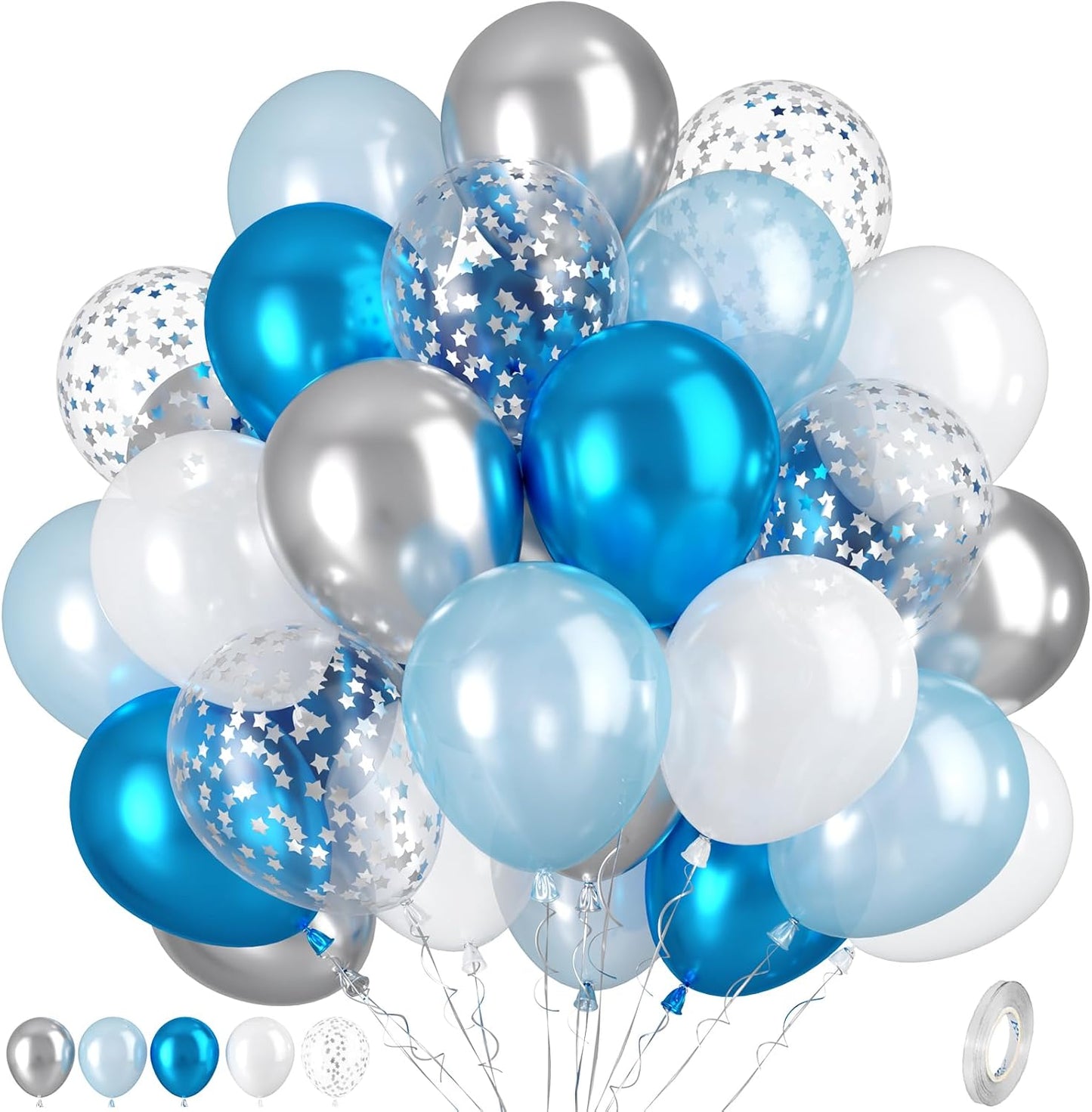 Blue Silver Balloons, Blue Silver White Balloons, Pearl Light Blue White Balloon, Silver Star Confetti Balloon for Boys Mans Birthday Baby Shower Party Wedding Graduation Bachelorette Decorations