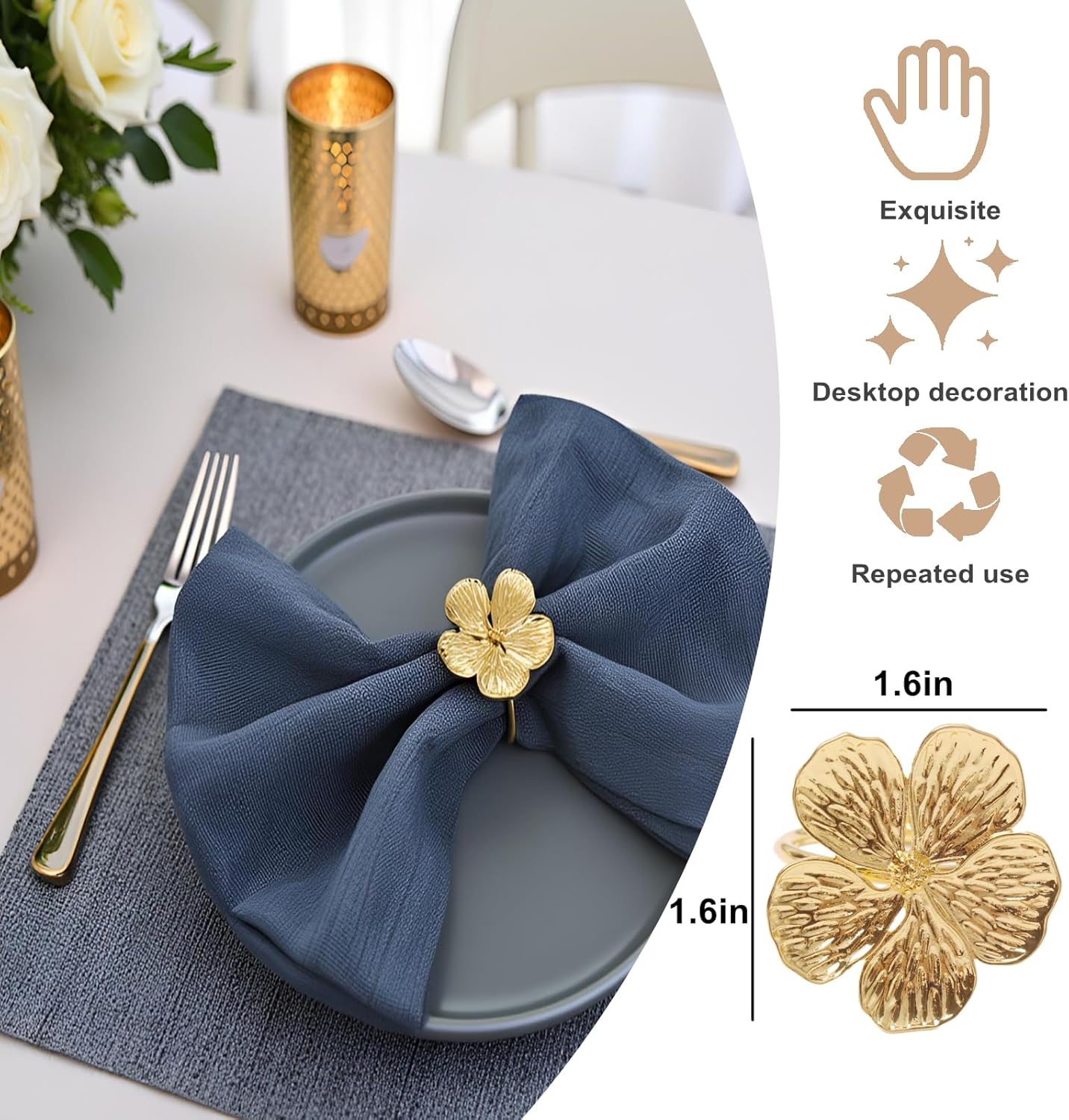 Flower Napkin Rings Set of 50, Fall Napkins Rings Gold Floral Holder for Wedding Season Banquet Party Décor Holiday Dinner Delicate Blossom Serviette Buckles Table Setting Decoration(Gold 50)