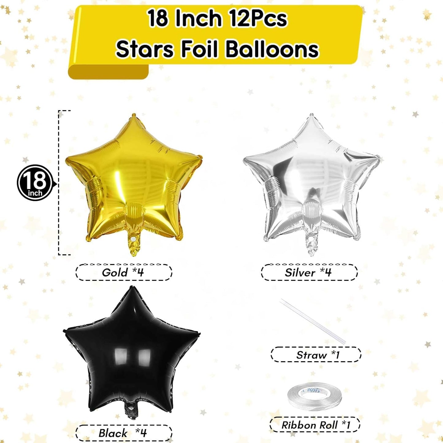 Black Gold Star Foil Balloons, 18 Inch 12Pcs Silver and Black Pentagram Aluminum Foil Balloon, Black Gold Party Decorations for Birthday Graduation New Year Wedding Retirement Casino Theme Party