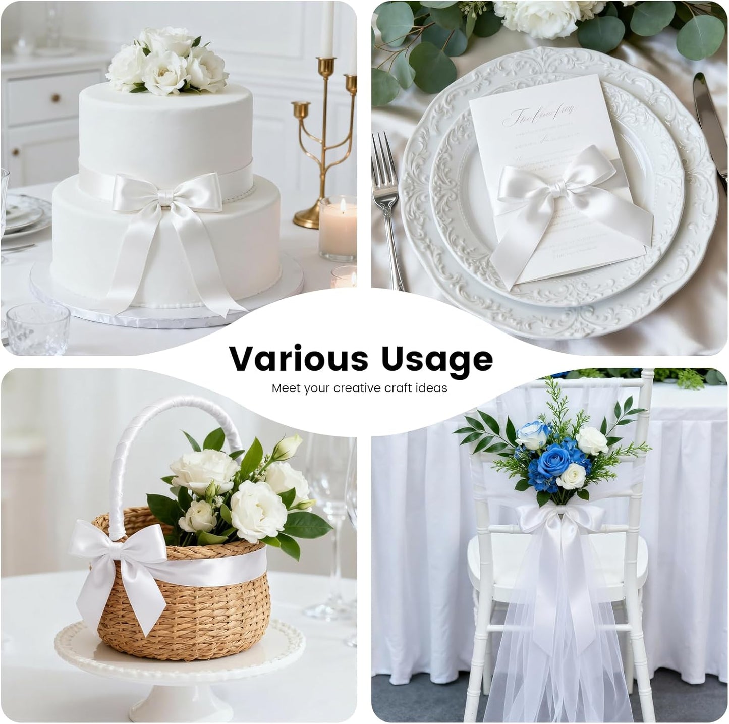 1-1/2 Inch 100 Yards Satin Ribbon White, Solid Color Fabric Ribbon for Gift Wrapping, Wedding, Polyester Gift Ribbon for Birthday Party Decoration, Craft, Hair, Floral, Sewing