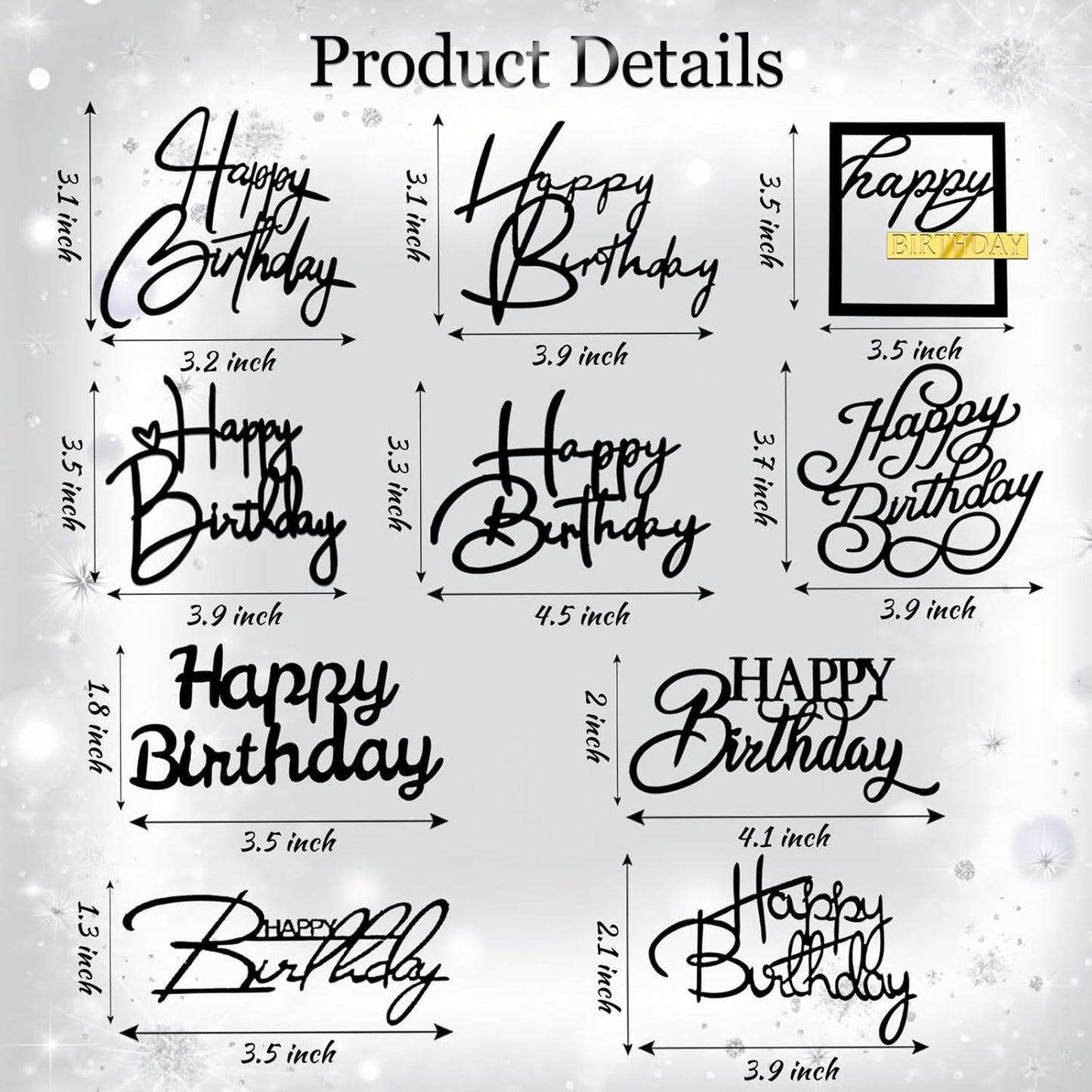 10 PCS Black Birthday Cake Topper Mirror Acrylic Happy Birthday Cake Toppers Double-Sided Dessert Decorations for Girls Women's Party Supplies