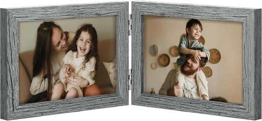 decorUhome Double 6x4 Picture Frame Horizontal, Engineered Wood Bifold Photo Frame with Plexiglass for Tabletop Display, 6x4, Grey