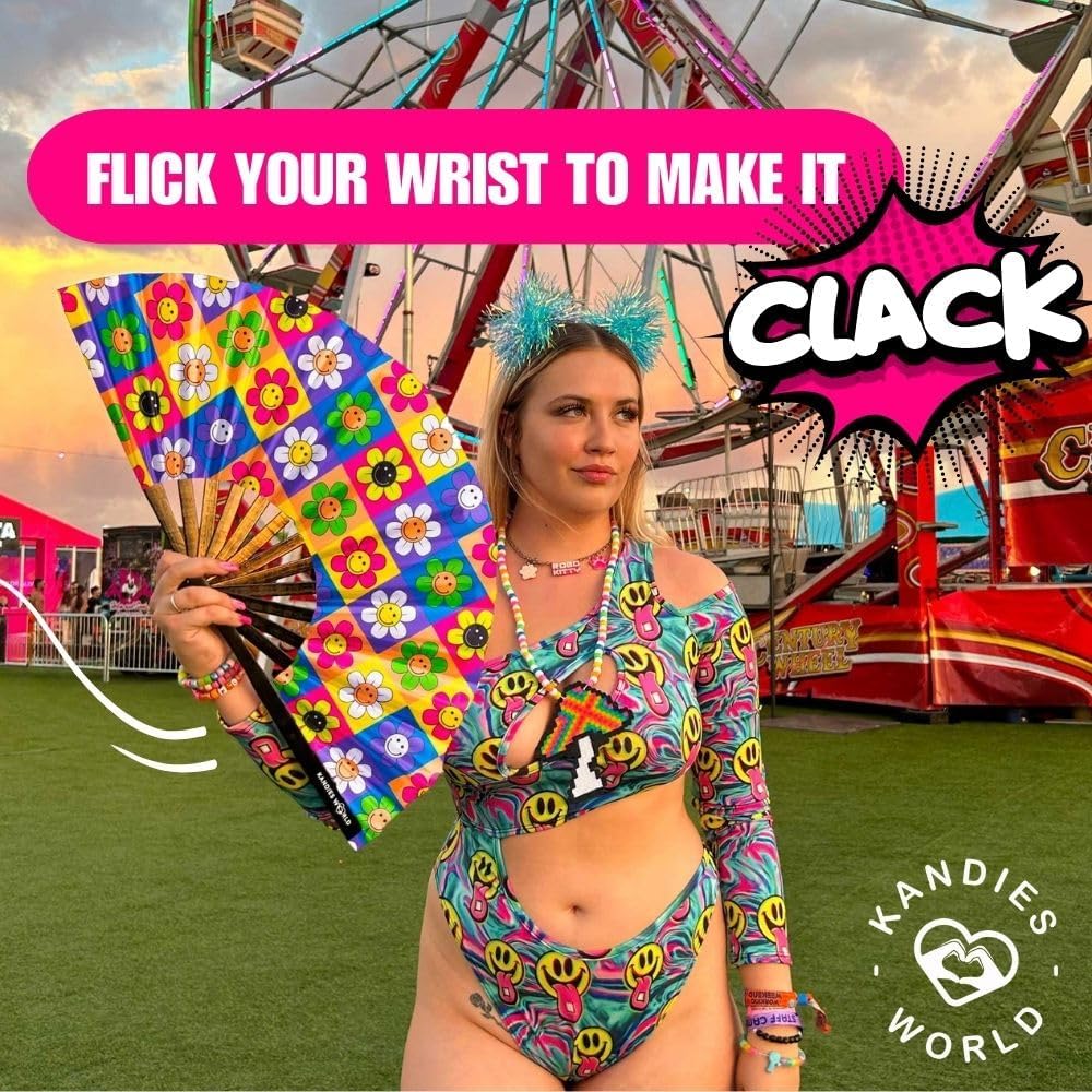 Kandies World Custom Festival Folding Hand Fan - Unique Designs, Made of Bamboo, Clacking Sound, Lightweight - Perfect Rave and Festival Accessory!