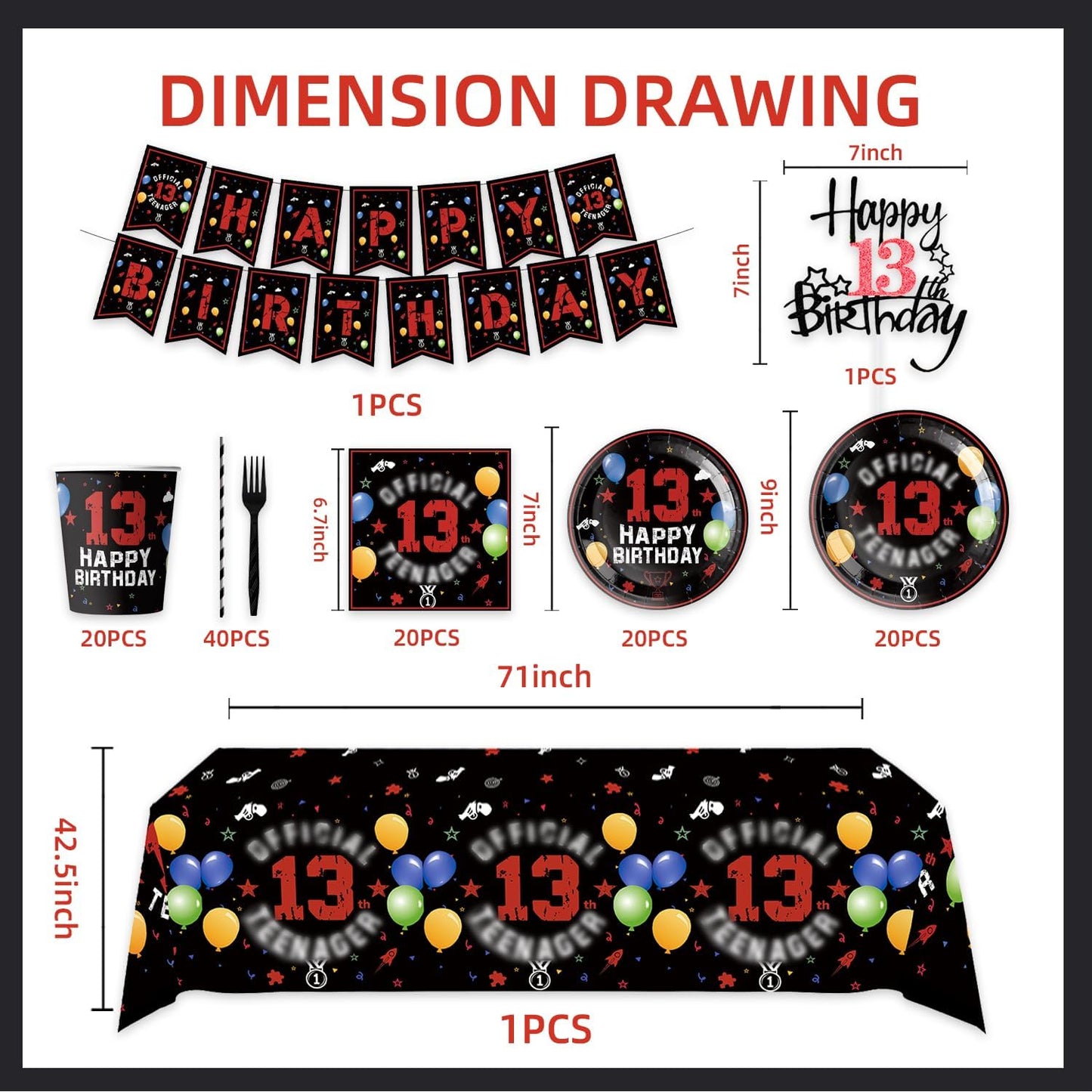 123pcs 13th Red and Black Party Decorations,Happy Birthday Banner Flags Paper,cups Straws Forks Cake Toppers Dessert plates Tablecloths and dinner plates,Officially a Teenager 13th Birthday Supplies
