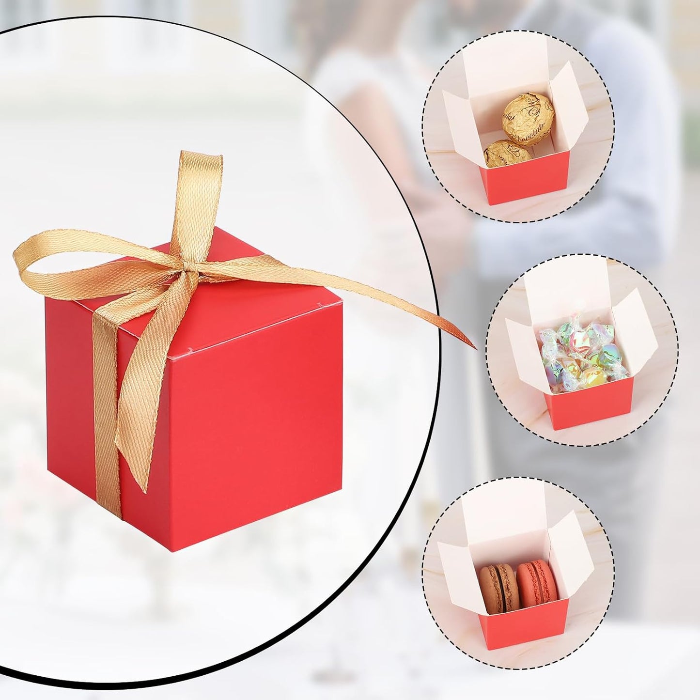 EUSOAR Favor Boxes, 120pcs 2x2x2 Inches Red Small Gift Boxes Candy Box for Party with Gold Ribbon, Mini Cube Soap Box Macaron Chocolate Container for Wedding Birthday Party DIY Favors Supplies