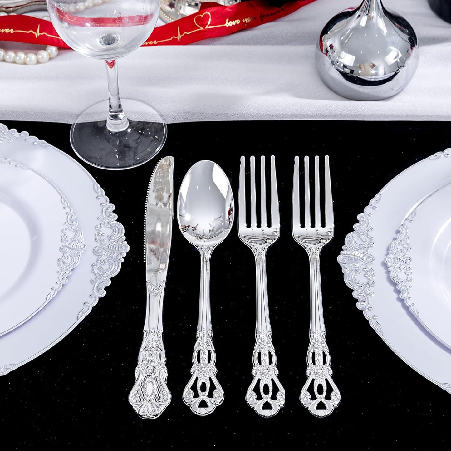 40PSC Silver Plastic Cutlery - Vintage Silver Disposable Silverware - Heavyweight Plastic Utensils with 20 Forks, 10Knives, 10 Spoons For Catering, Parties, Dinners and Weddings