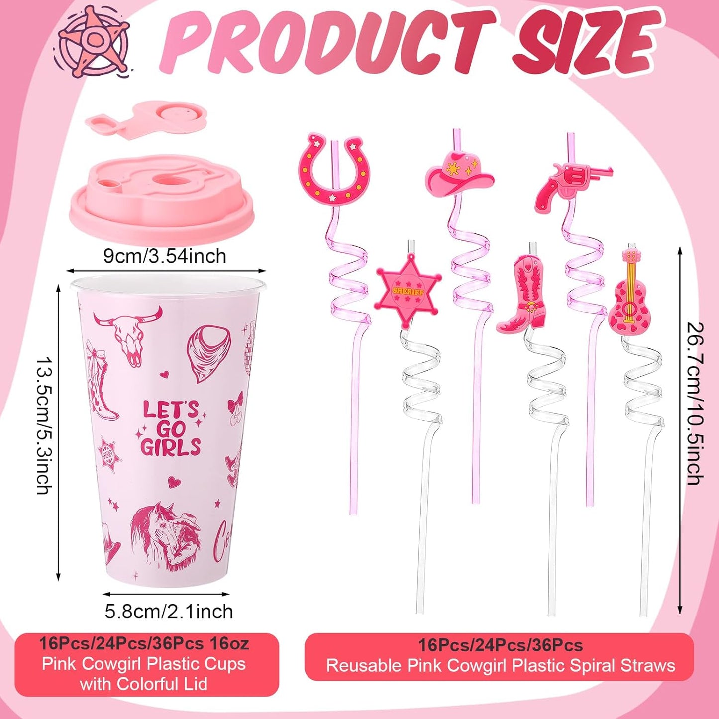 Yungyan 16 Sets Pink Cowgirl Party Favors Goodie Cups with Lids and Straws for Halloween Party Decorations Reusable 16oz Plastic Candy Cups Plastic Straws for Birthday Gift(Pink Cowgirl)