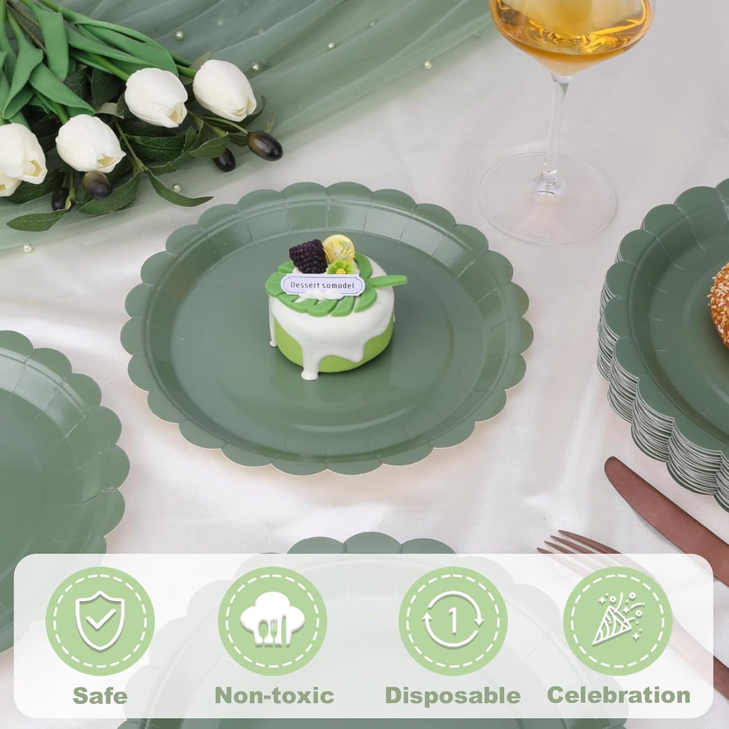 24 Pcs Sage Green Paper Plates 9 Inch Scalloped Dessert Plates - Disposable Sage Green Cake Plate - Baby Shower Birthday Party Wedding Bridal Party Supplies