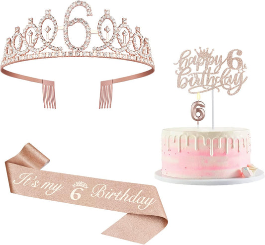 6th Birthday Decorations for Girl Including Sash, Crown, Numeral Candle and Cake Topper, 6 Year Old Birthday Decorations Rose Gold Party Favor Supplies