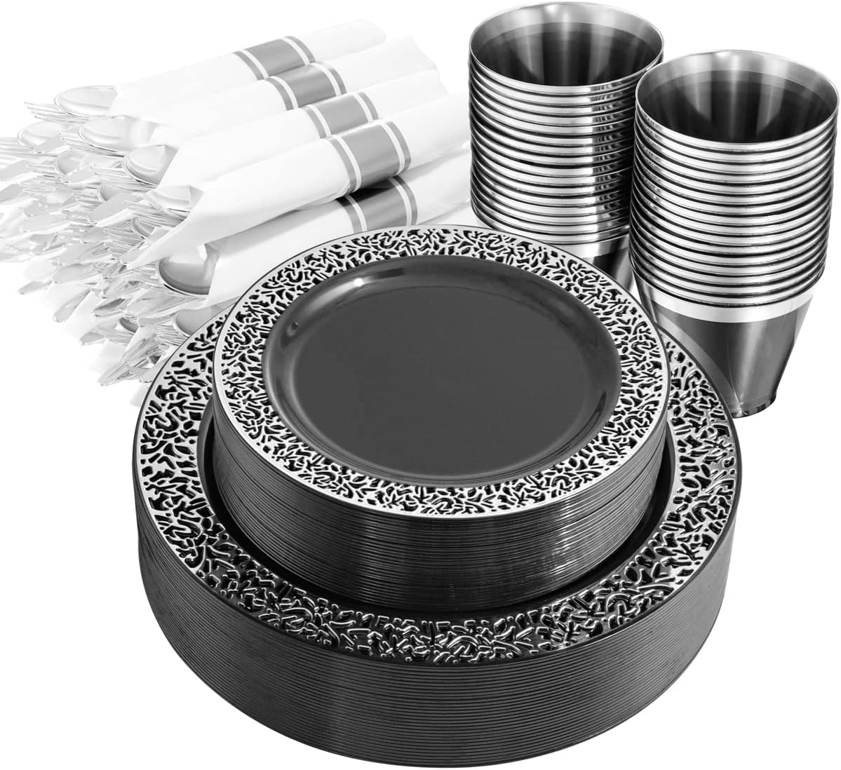 NOCCUR 210PCS Black and Silver Dinnerware Set for 30 Guests - Black Plastic Plates with Silver Rim Include 30 Dinner / 30 Dessert Plates, 30 Prewrapped Silverware, 30 Cups Ideal for Party, Halloween