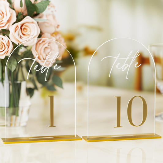Arch Wedding Table Numbers 1-10 with Stands, Elegant Gold Number 5.5 x 7” Arch Acrylic Signs with Holders, Clear Acrylic Table Numbers for Wedding Reception, Anniversary, Party, Events